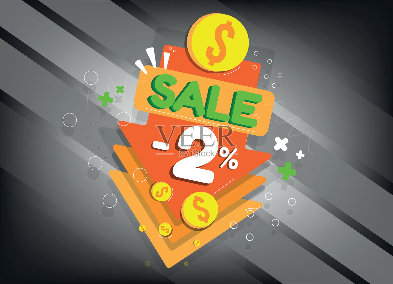 促销折扣，标签和箭头图标，优惠两个百分点，-2%插画图片素材