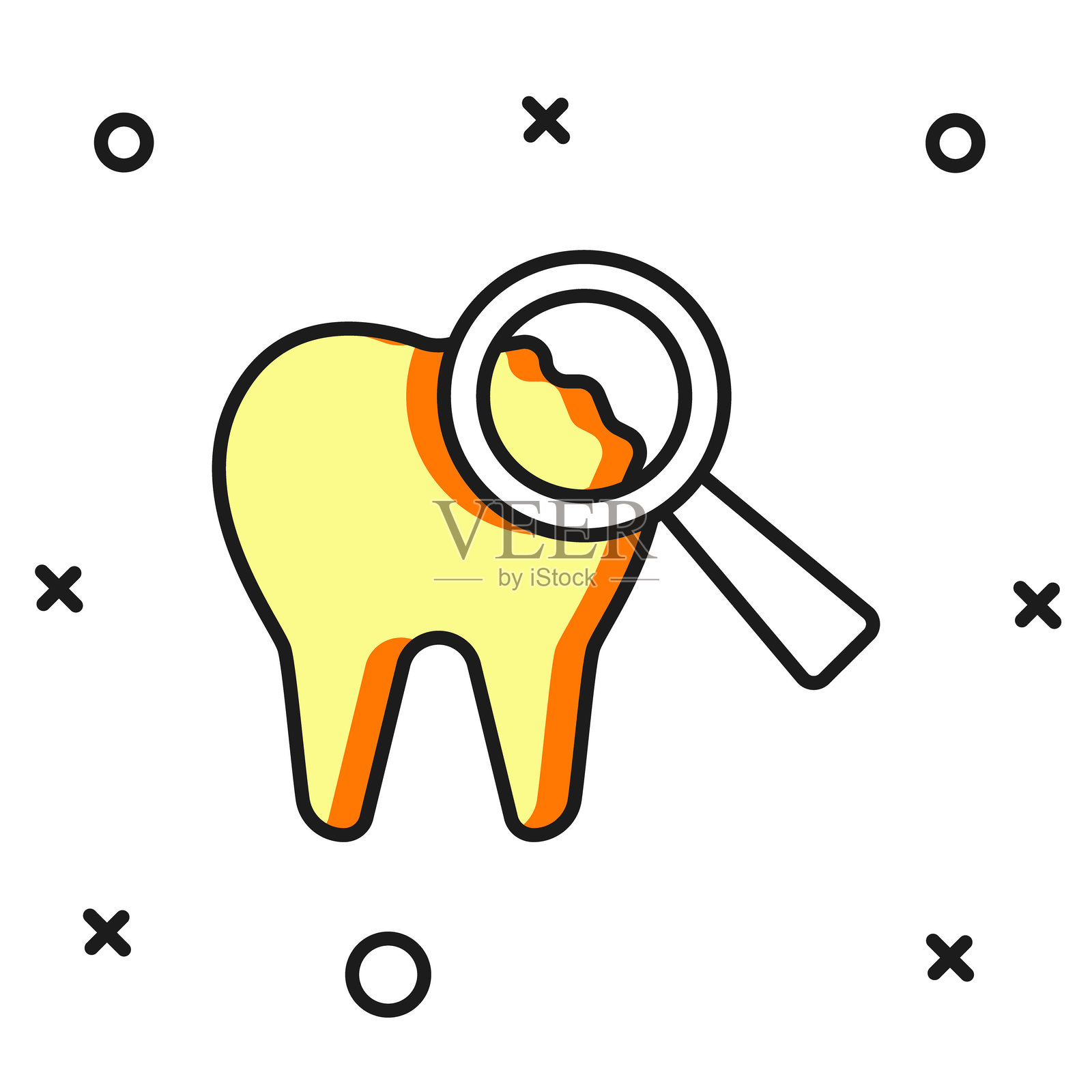 填充轮廓的破损牙齿图标，孤立在白色背景上。牙科问题图标。牙科护理符号。带阴影的平面填充轮廓风格。矢量图。插画图片素材