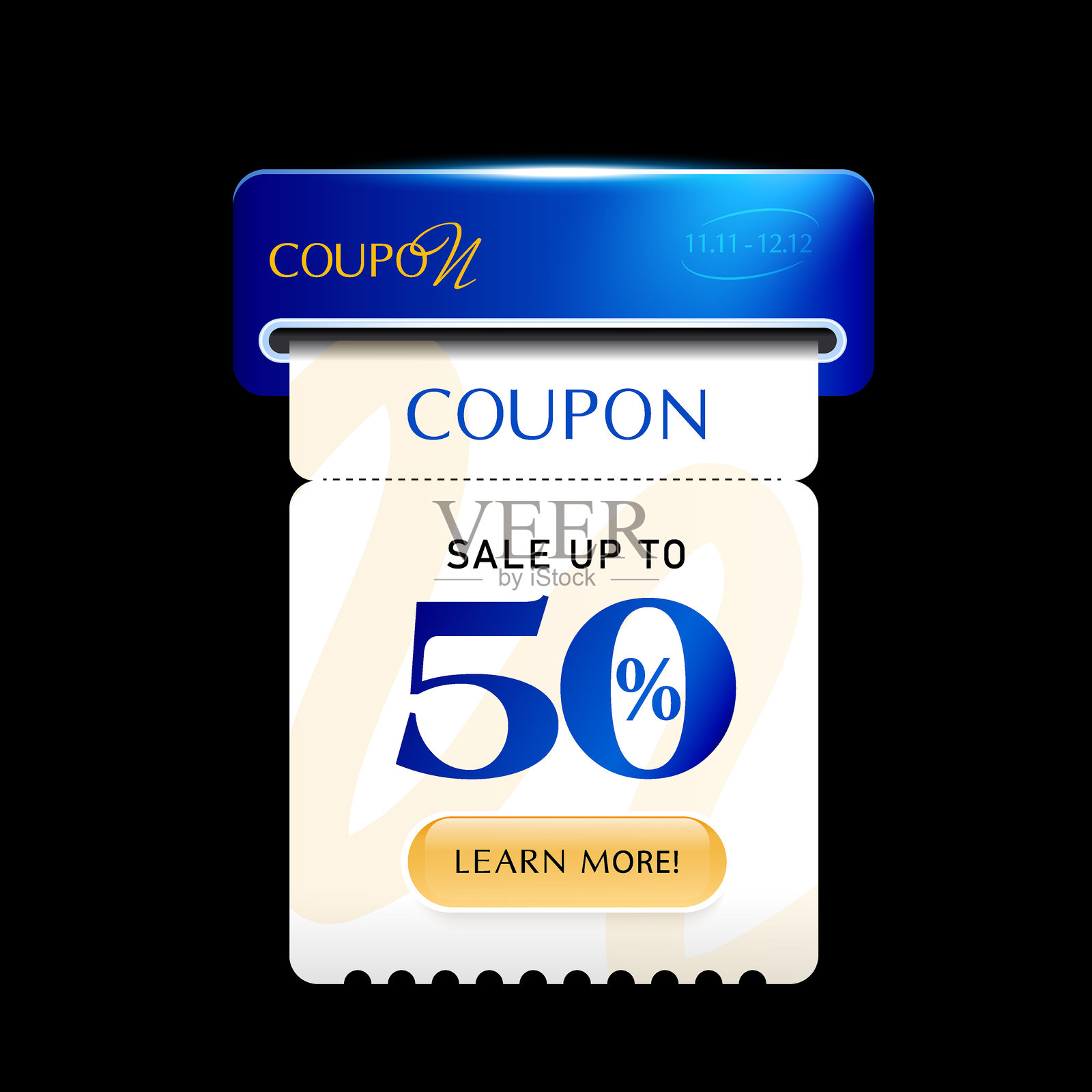 3D特价优惠券从插槽中打印出来，背景黑暗，伴有烟花效果。打印带有折扣百分比横幅模板的礼品券，3D矢量图。插画图片素材