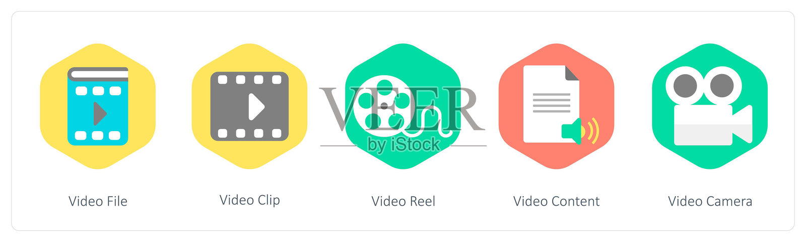 一组包含视频文件、视频剪辑和视频胶卷的5个混合图标插画图片素材