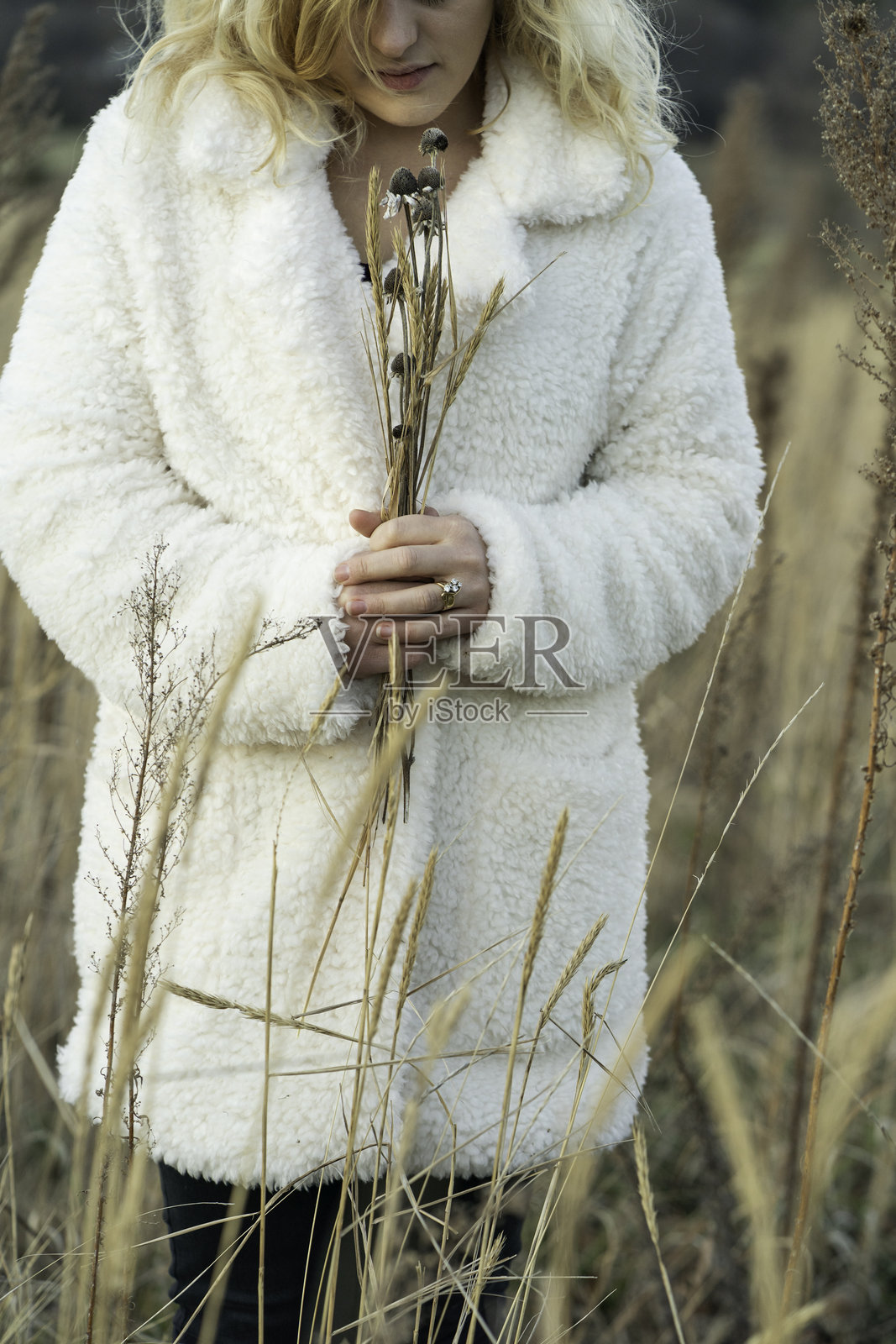 女性在草地上手持干燥植物照片摄影图片