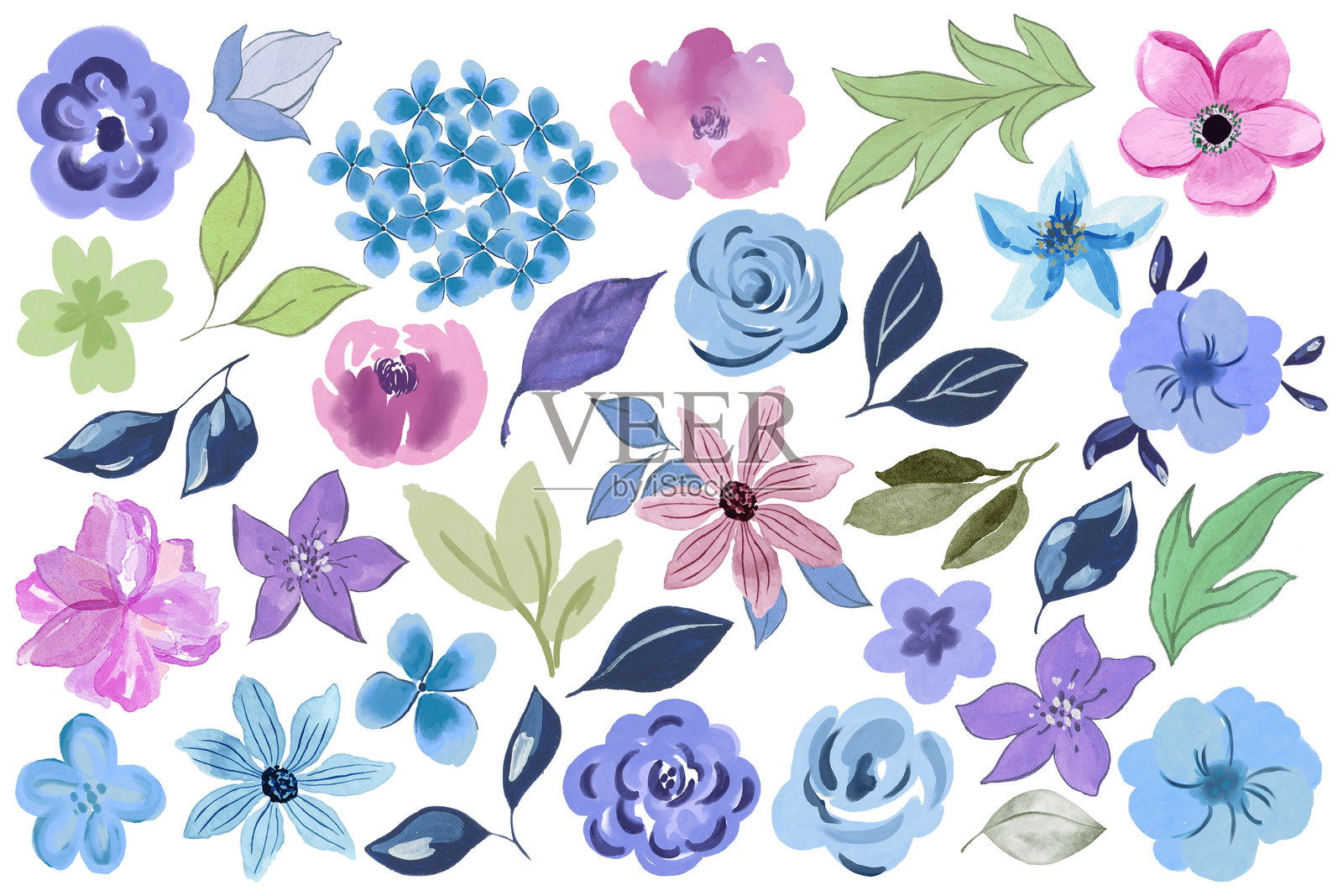 元素孤立的可爱花朵抽象风格现代涂鸦蓝色粉色紫色绿色插画图片素材