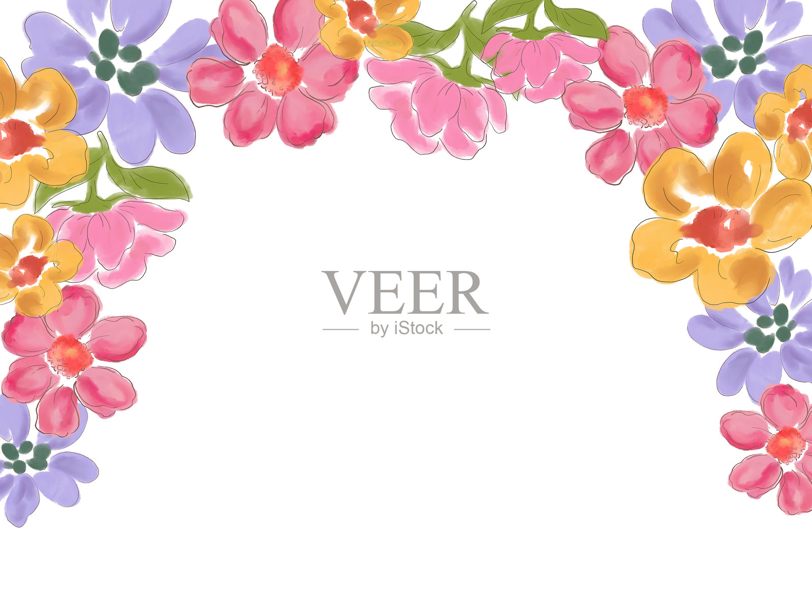 春季多彩花卉横幅边框合集，包含野花、叶子和植物叶片，背景为白色。手绘花朵插图。插画图片素材