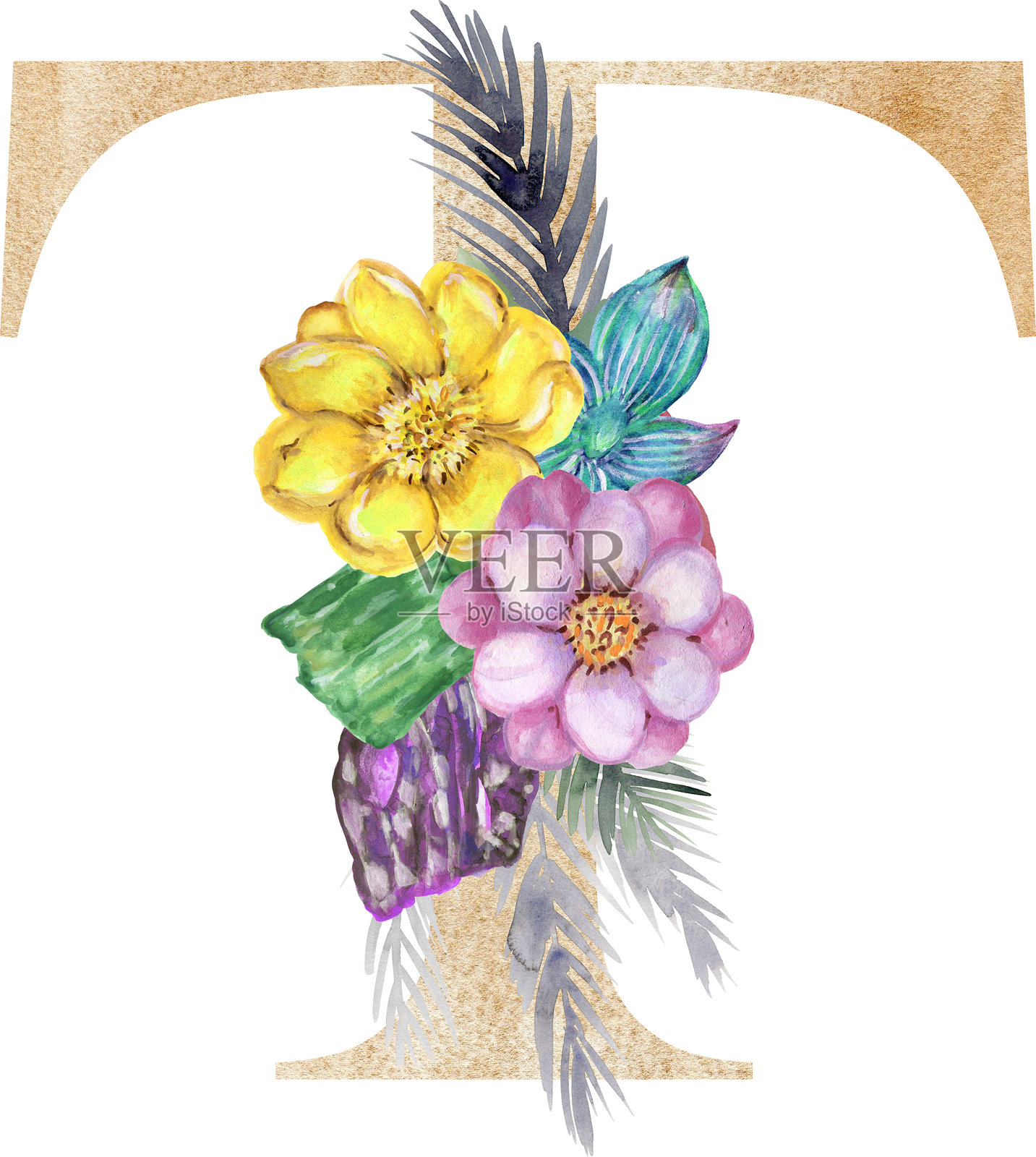 水彩花卉字母多肉植物仙人掌石水晶植物花束，婚礼请柬插画图片素材