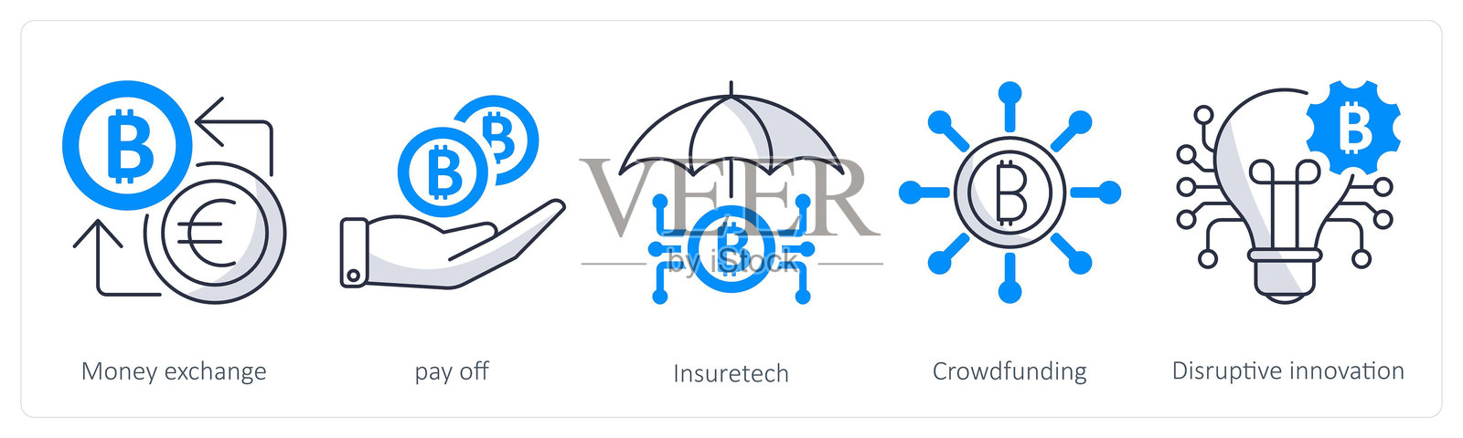 一组5个比特币图标，代表货币交换、支付、保险科技插画图片素材