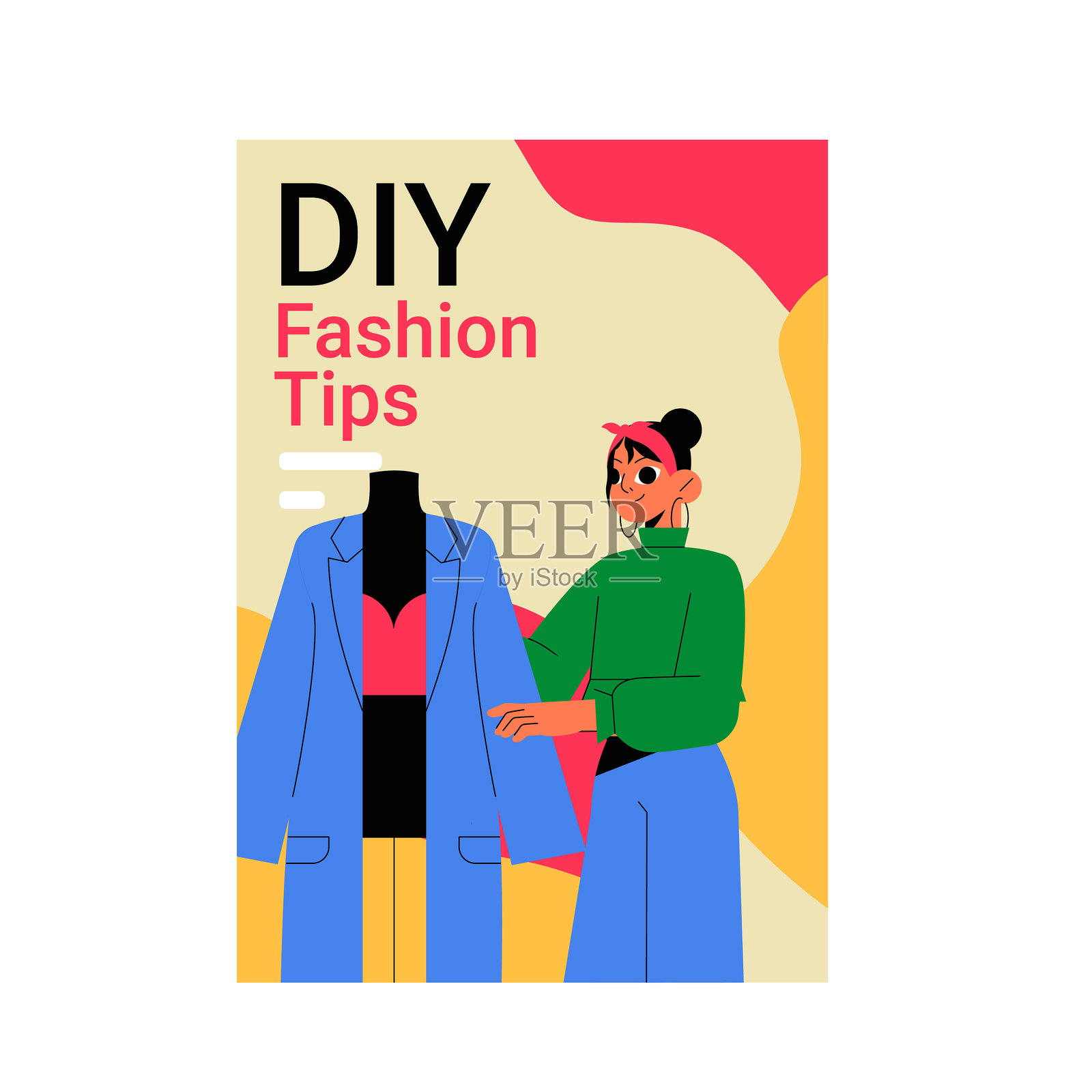 女性角色与模特的平面矢量插图，象征着造型和时尚建议的DIY时尚技巧海报，背景为白色。插画图片素材