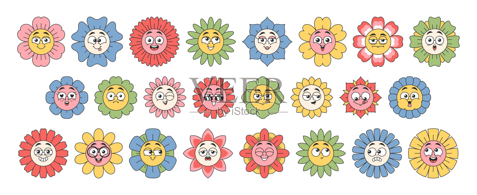 疯狂有趣的涂鸦雏菊花脸，色彩缤纷的洋甘菊角色，展现不同情感的组合插画图片素材
