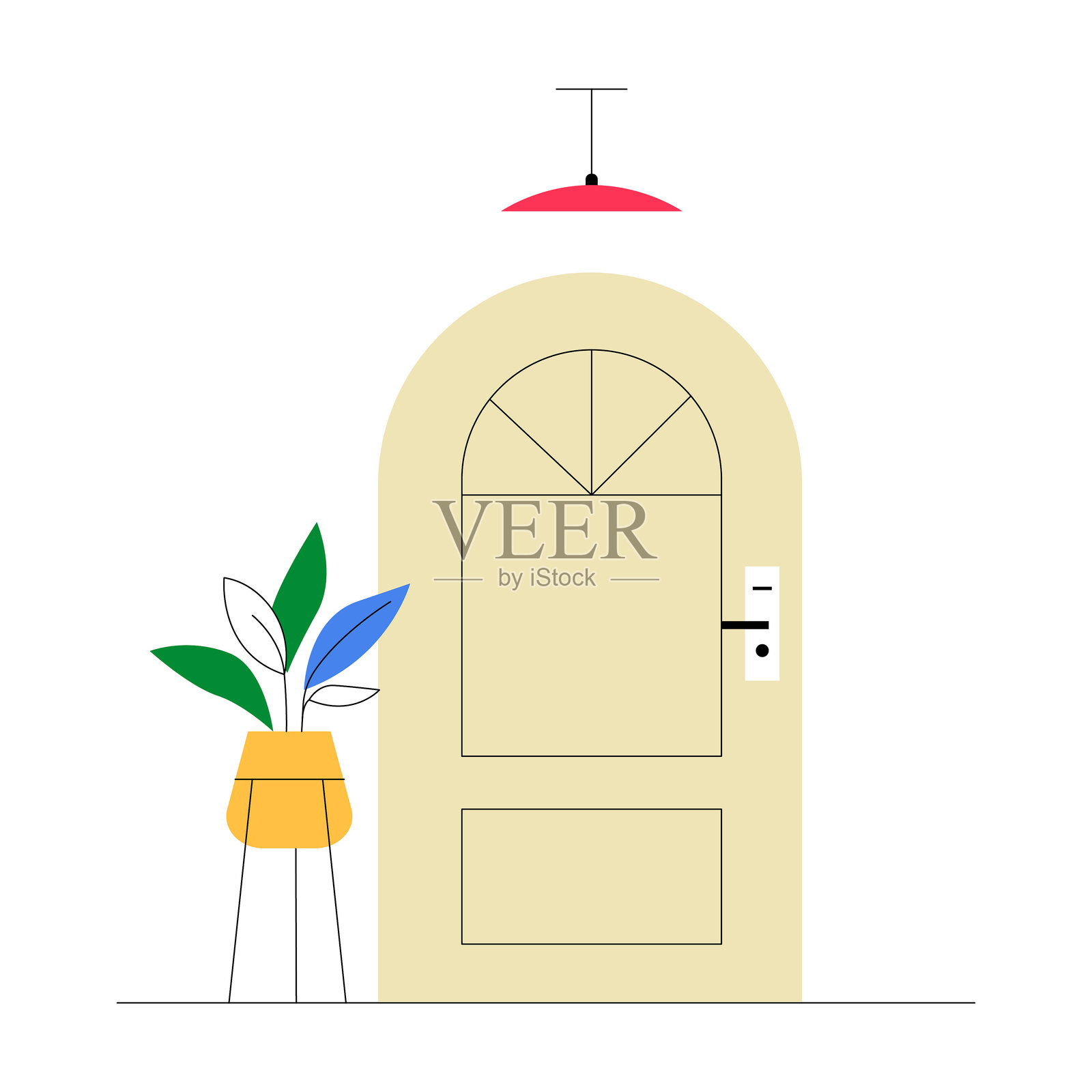 拱形木门与室内植物的平面矢量插图，象征着入口和家居室内设计，背景为白色。插画图片素材