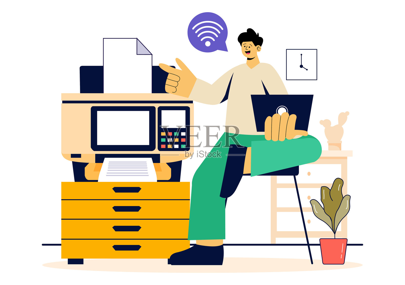 打印服务矢量插图，展示印刷厂的生产过程和背景中运作的大型文件打印机。插画图片素材