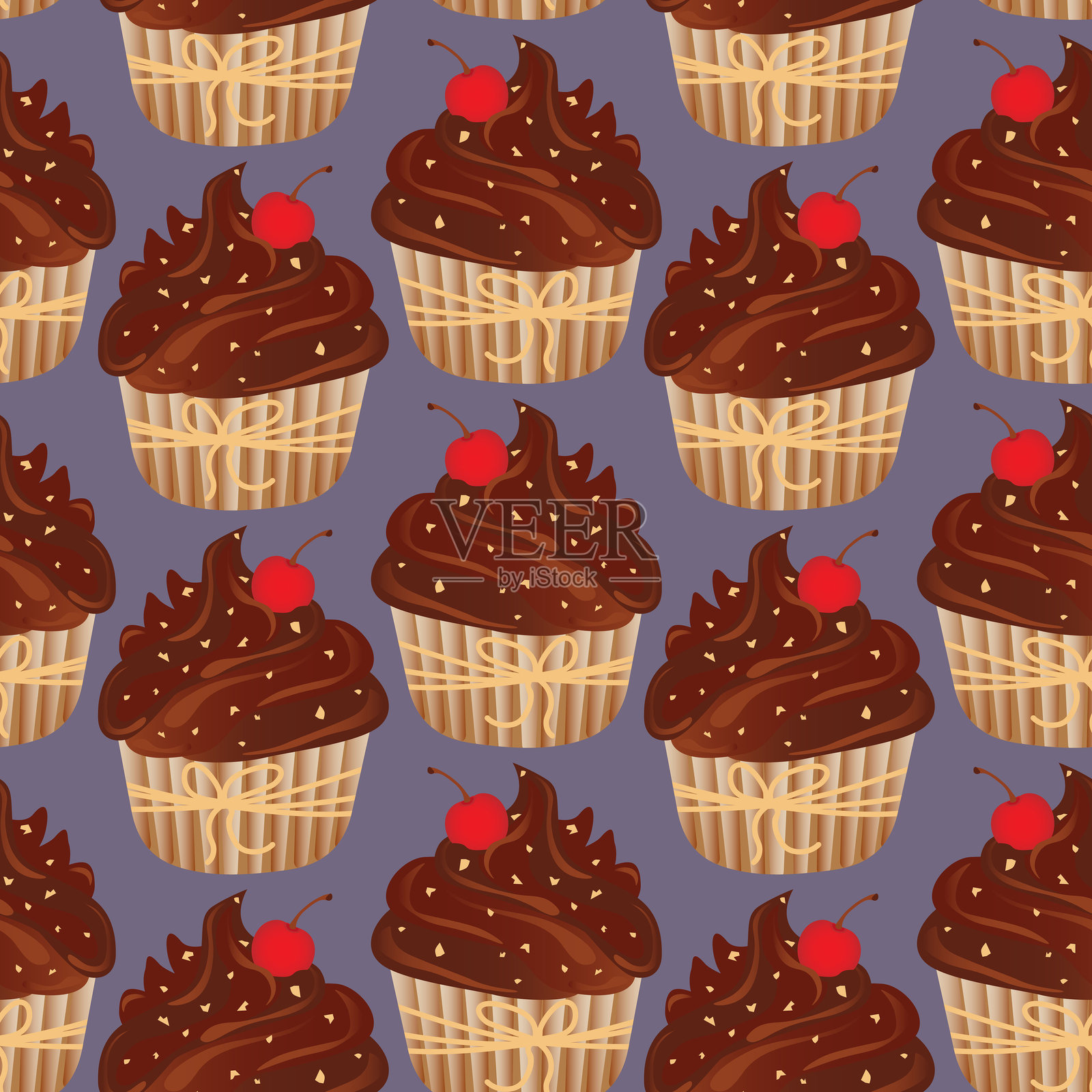 厨房装饰及更多的无缝图案。美味的巧克力杯子蛋糕，上面装饰着奶油和樱桃。甜食的矢量卡通插图。插画图片素材
