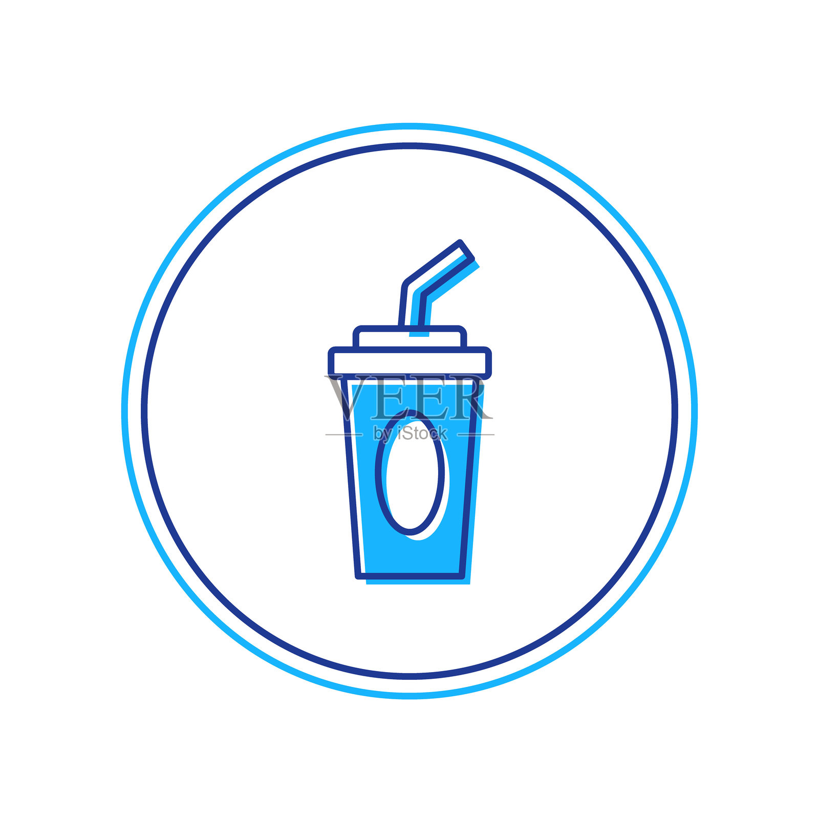 填充轮廓的纸杯，配有吸管和水的图标，背景为白色。汽水饮料杯。清爽冷饮的象征。矢量图。插画图片素材