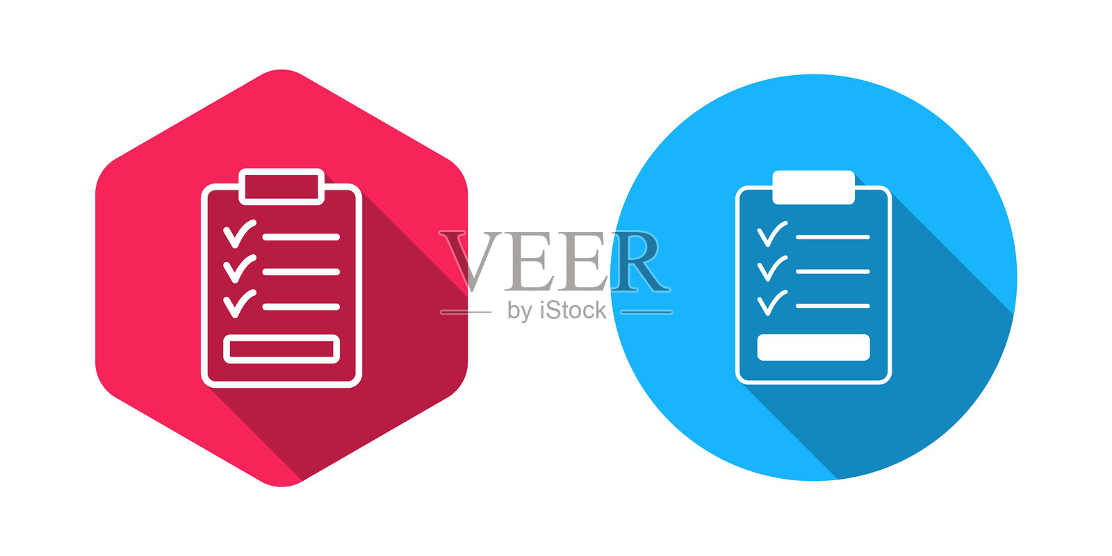 带有长阴影背景的填充和轮廓剪贴板，带有检查列表图标。控制列表符号。调查问卷或反馈表单。矢量图。插画图片素材