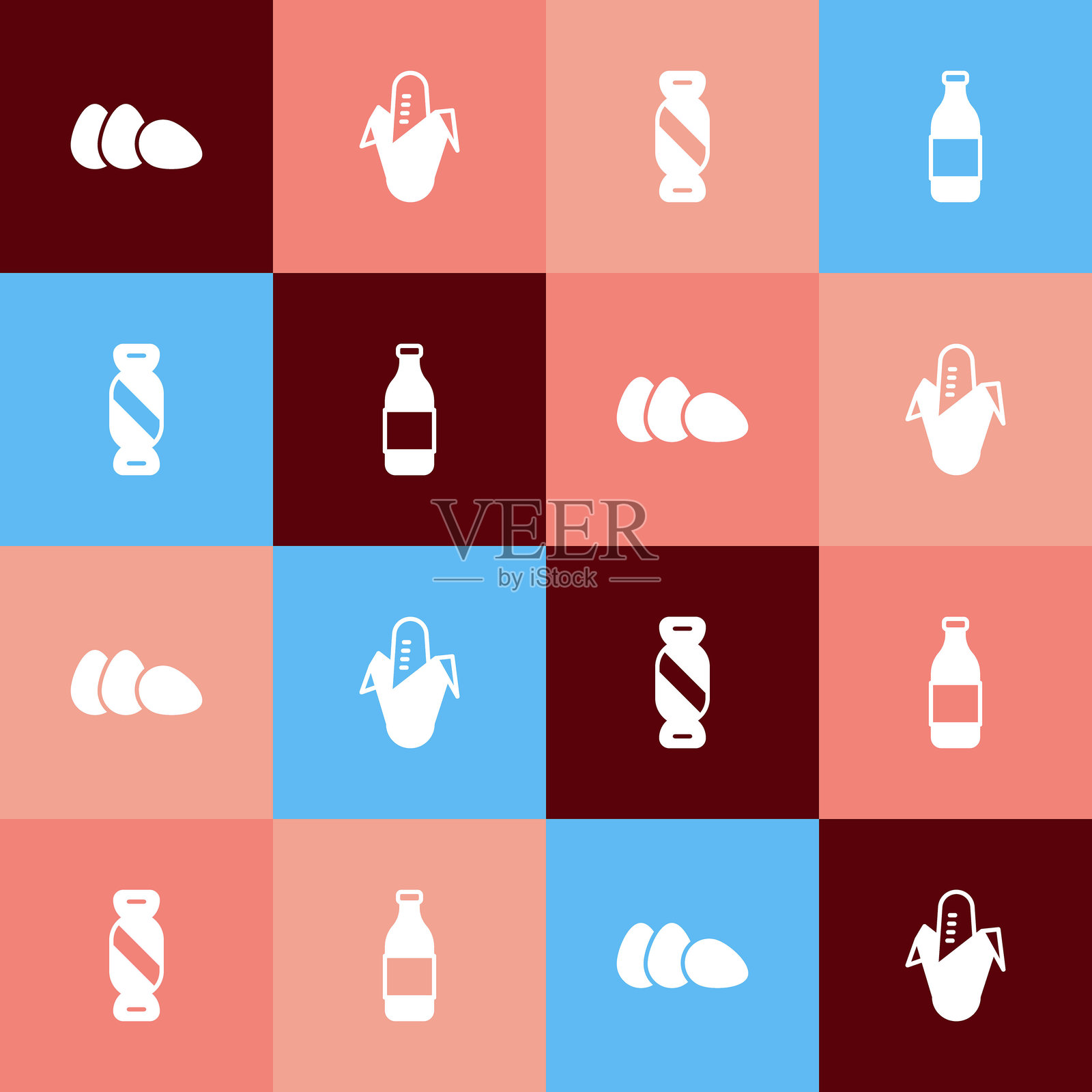 波普艺术风格的鸡蛋、玉米、糖果和酒瓶图标。矢量图。插画图片素材