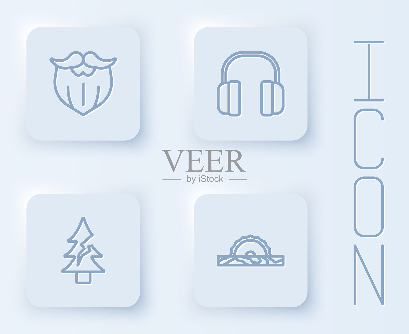 胡须和小胡子，耳机，树木和电动圆锯。白色方形按钮。矢量图。插画图片素材