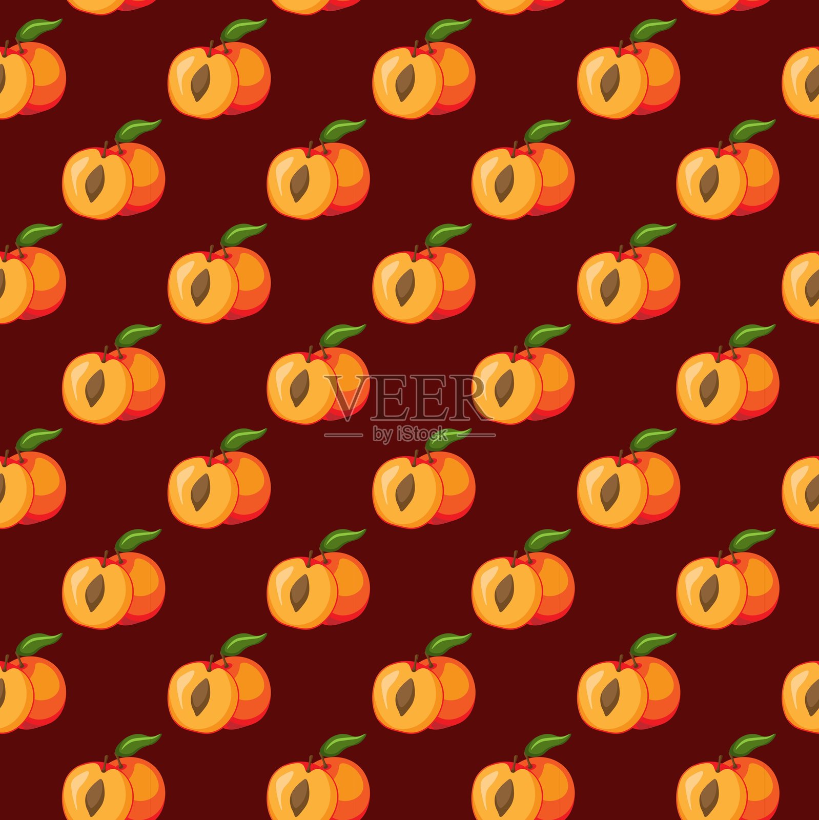红色背景上的杏子水果平面无缝图案。适用于包装纸、贺卡、海报和横幅设计。插画图片素材