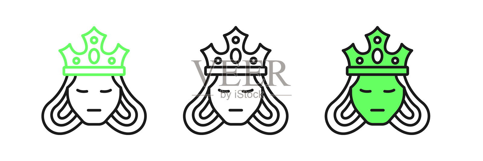 公主或女王戴着王冠的图标，背景为白色。中世纪女性。矢量图。插画图片素材