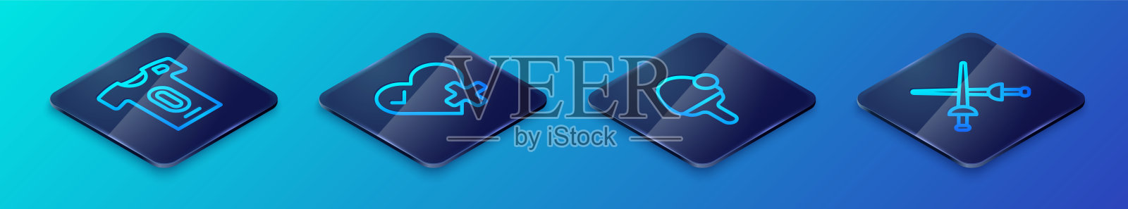 等距线条的球拍、足球球衣和T恤、击剑和心率图标。矢量图。插画图片素材