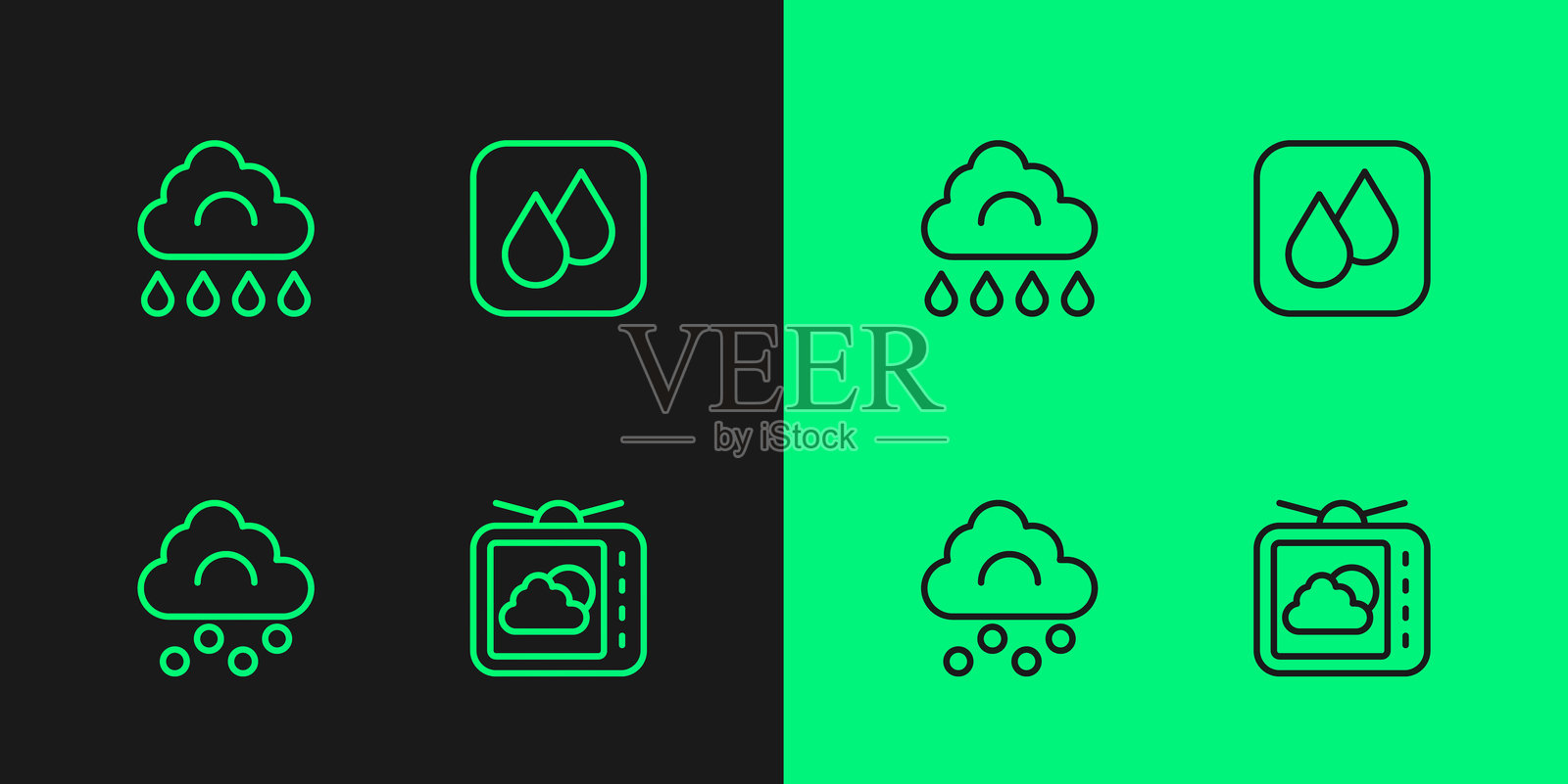 天气预报图标，冰雹云，带雨的云和水滴图标。矢量图。插画图片素材