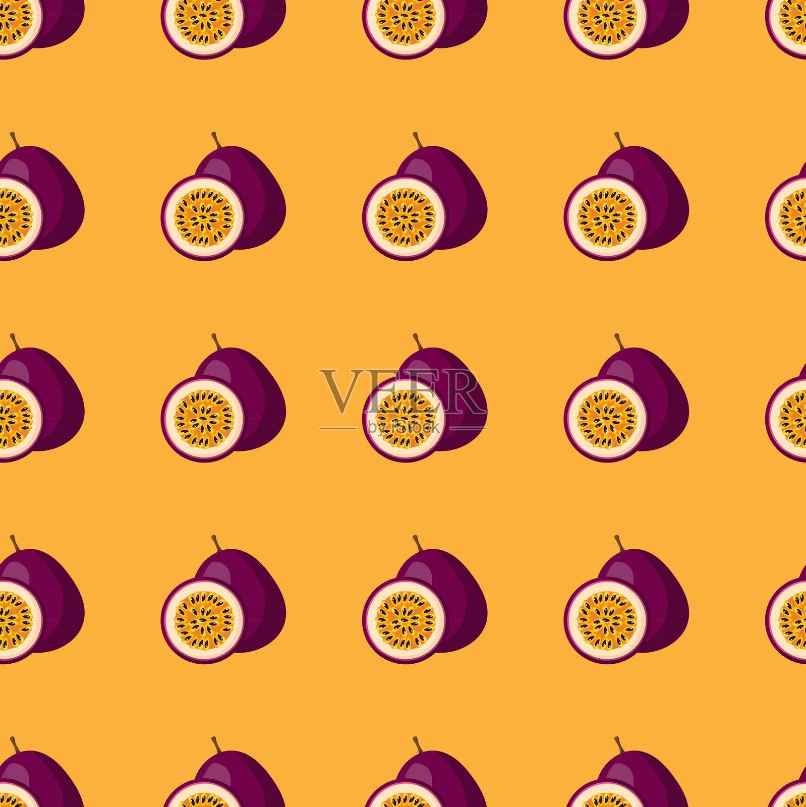 热情果平面无缝图案，背景为橙色。适用于包装纸、贺卡、海报和横幅设计。插画图片素材