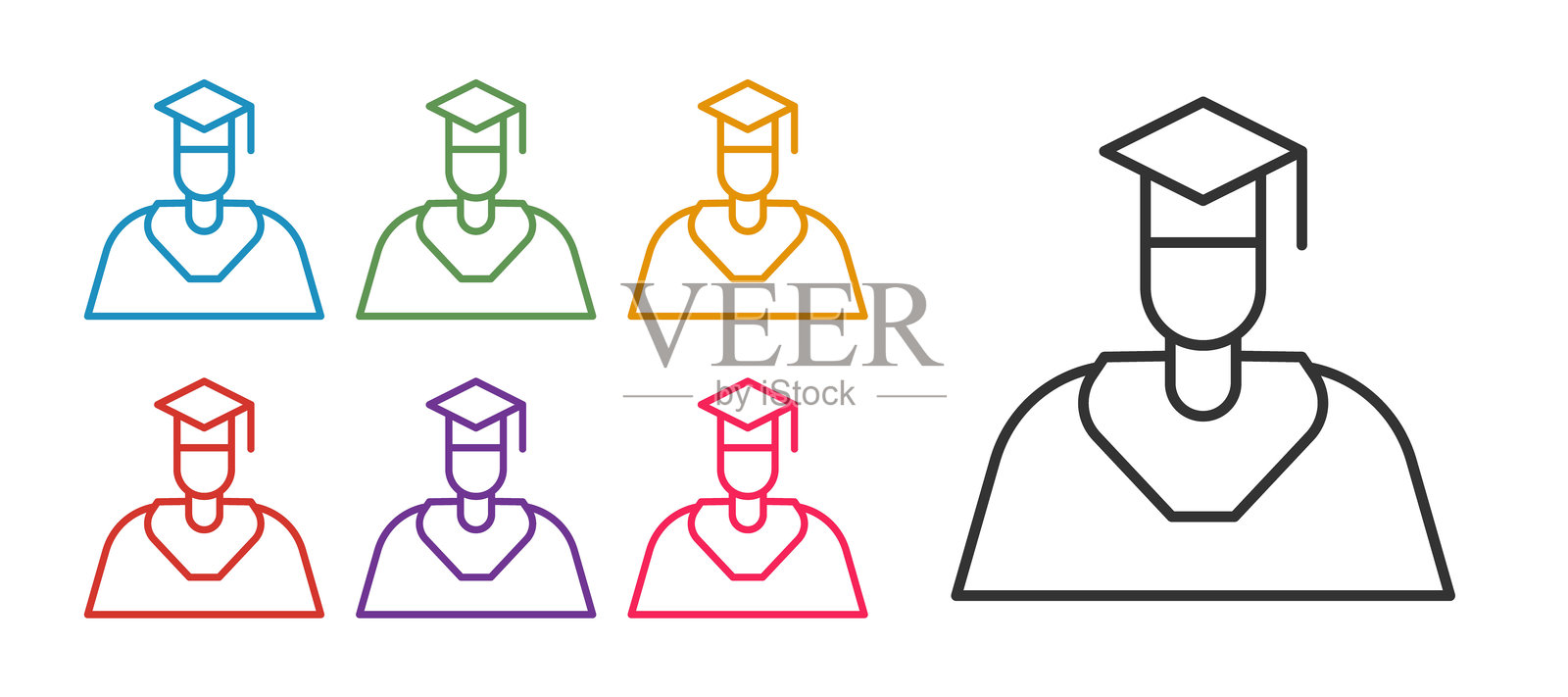 毕业生和毕业帽图标，背景为白色。图标为多彩设计。矢量图。插画图片素材