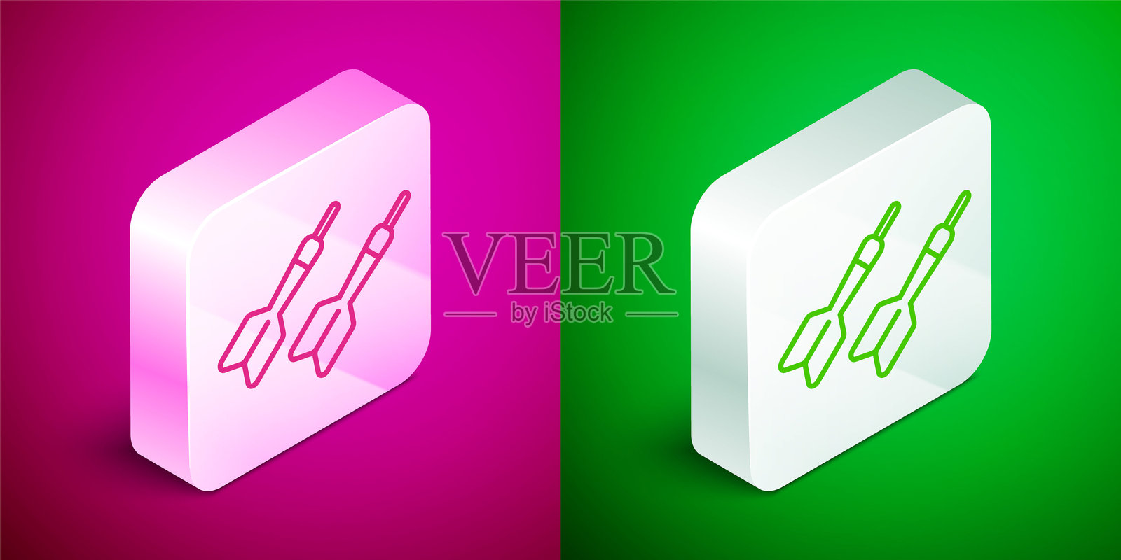 等距线条飞镖箭头图标，背景为粉色和绿色。银色方形按钮。矢量图。插画图片素材