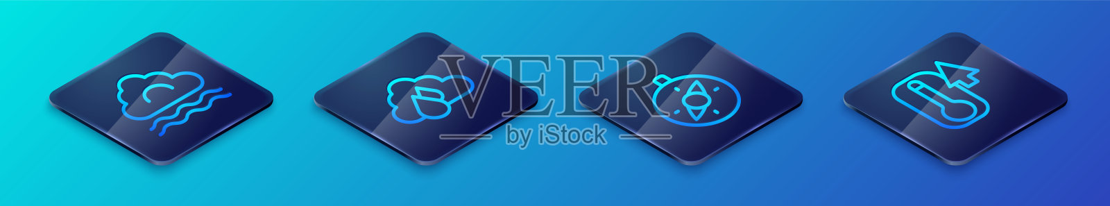 等距线罗盘、雾和云、温度计以及带雨的云图标。矢量图。插画图片素材