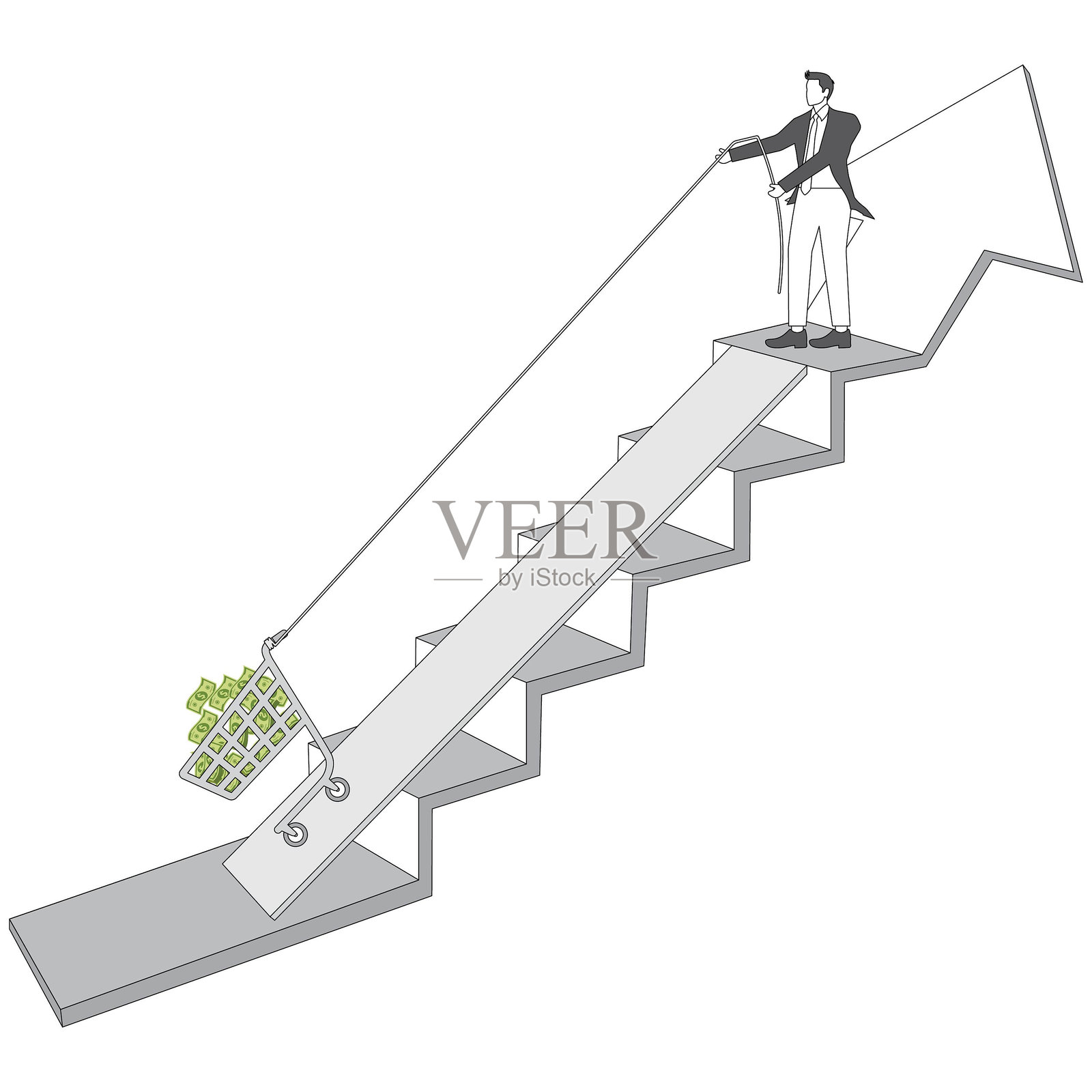 市场利润增加，收入或投资回报上升，储蓄利息或汇率上升，财务回报改善，商人们站在向上的箭头上，拉着装满钞票的购物车。插画图片素材