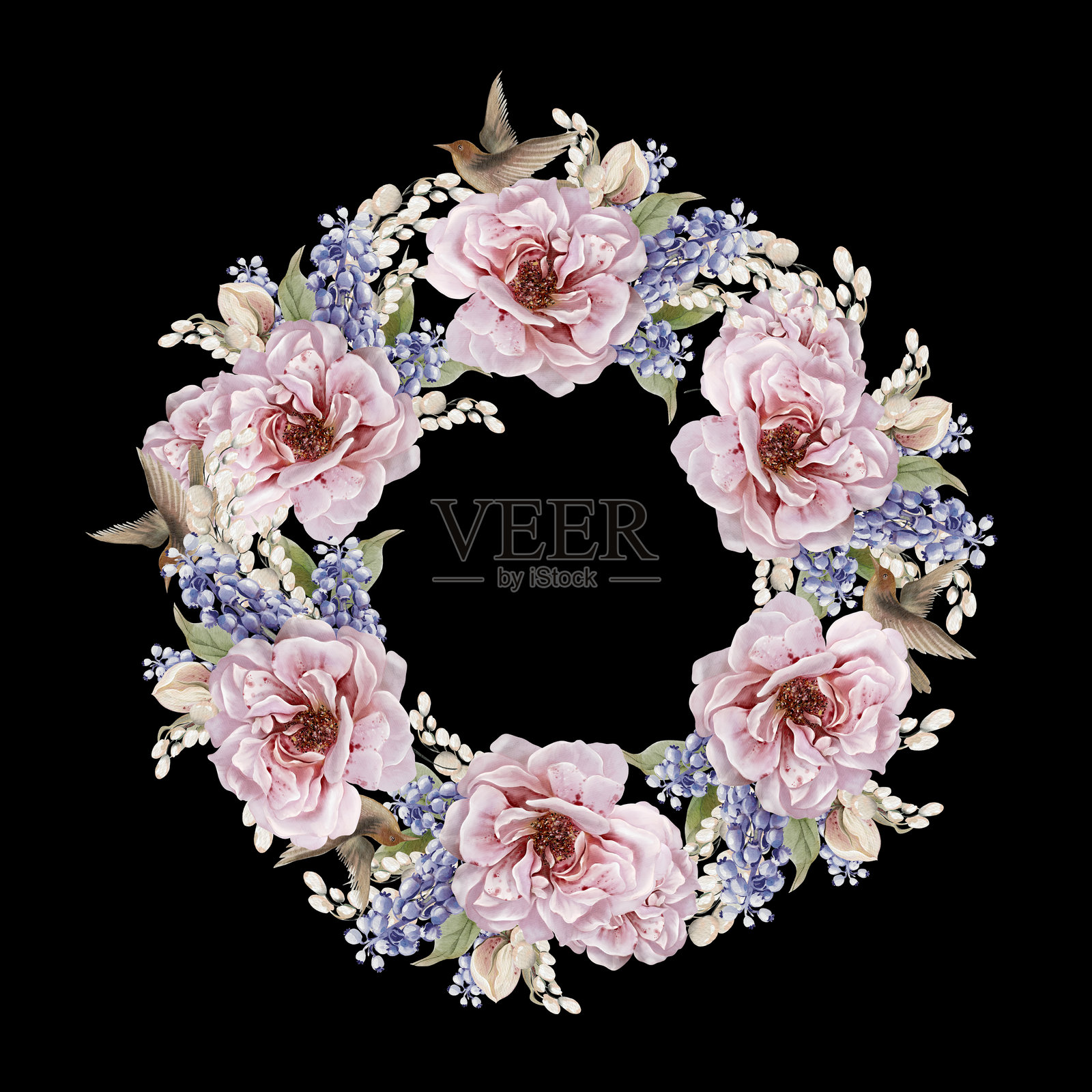 复活节花环，配有柔和色彩的花朵和兔子。水彩复古风格。插画图片素材