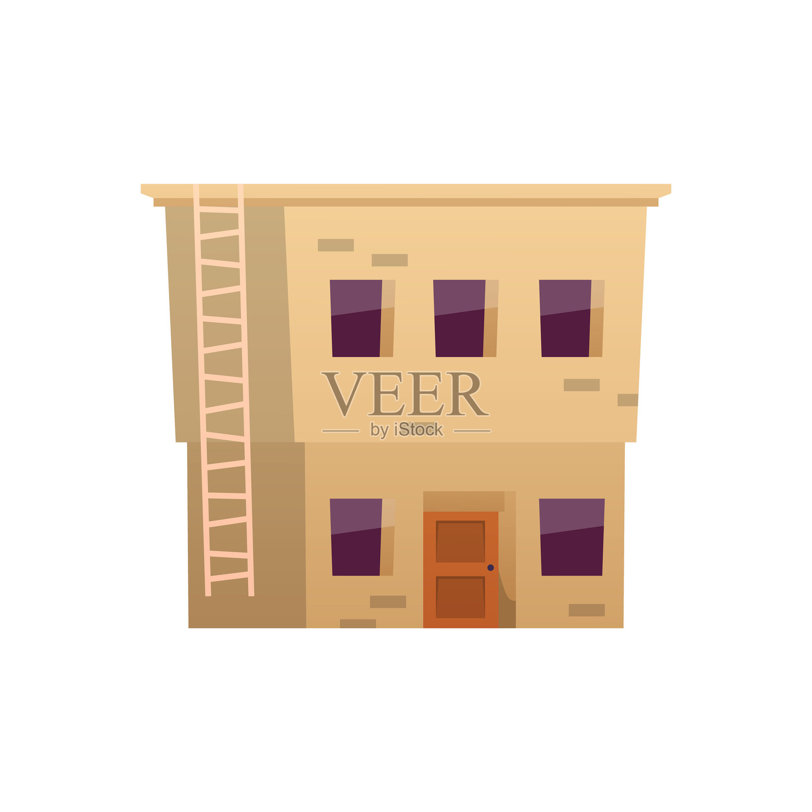 两层砖砌建筑的矢量插图，带有窗户、门和楼梯。插画图片素材