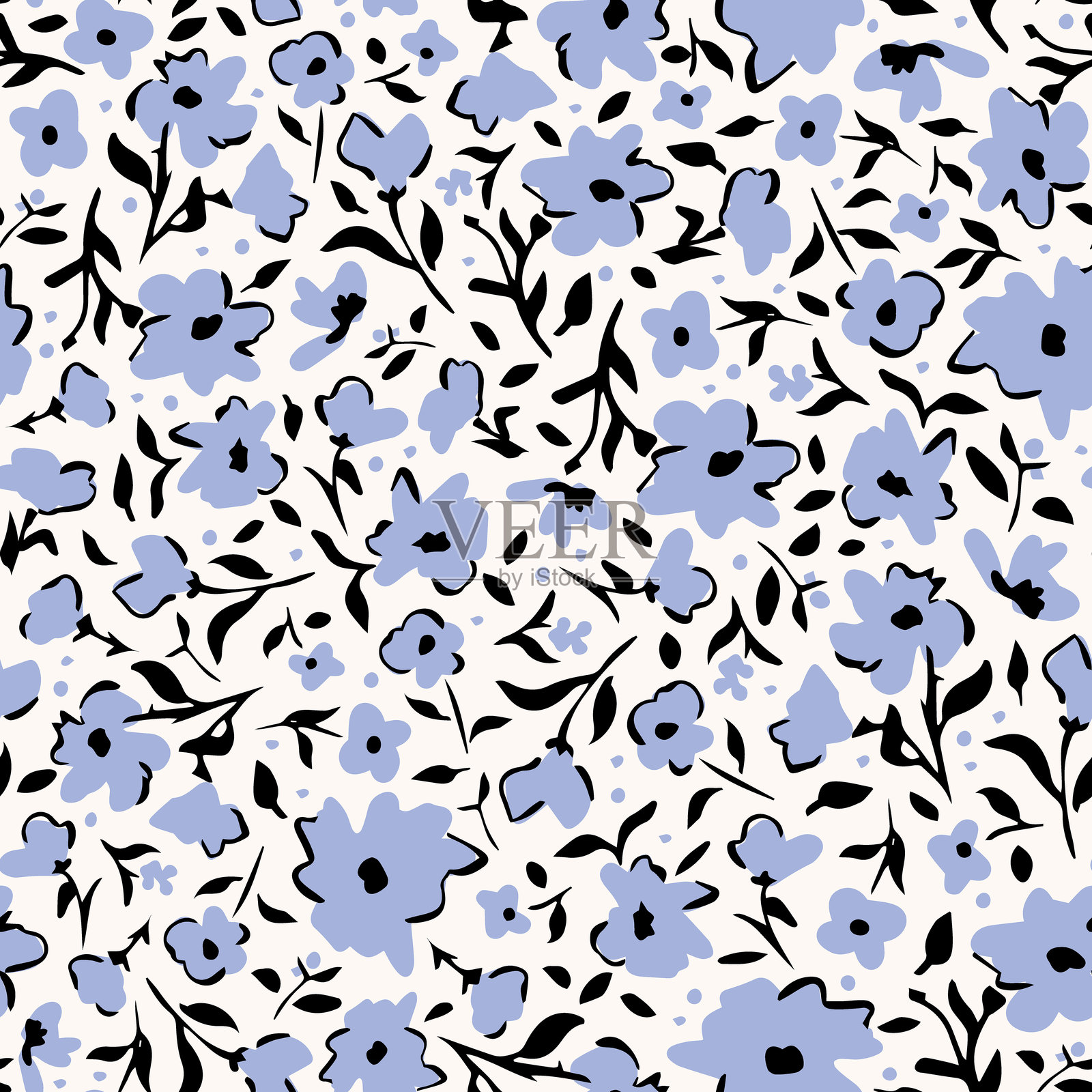 蓝色花瓣与叶子在白色背景上的无缝重复图案。插画图片素材