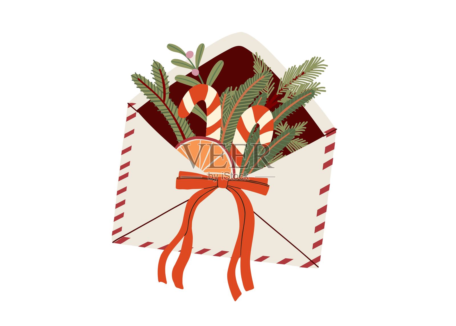 色彩缤纷的信封，上面画有平面风格的圣诞信件。礼物信件，节日问候，季节性通信。手绘矢量插图。插画图片素材