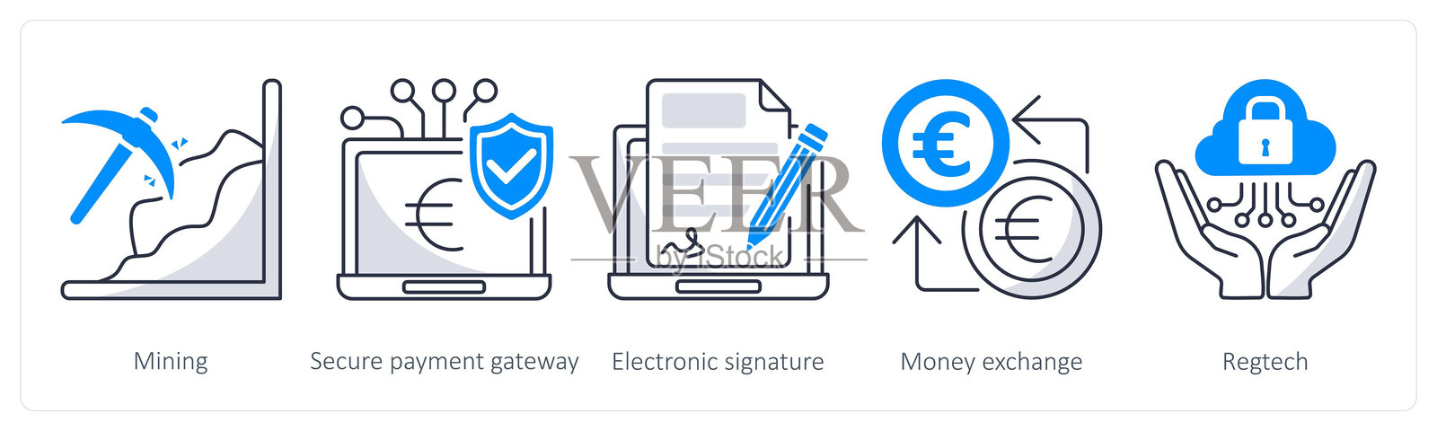 一组包含5个欧元图标，主题为挖矿、安全支付网关和电子签名插画图片素材