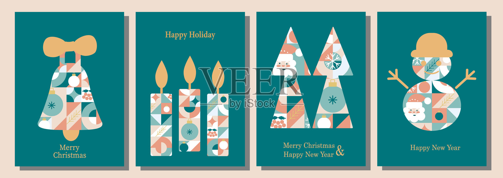 圣诞卡片模板。抽象现代几何风格的圣诞图标和元素。冬季卡片和海报的集合。包豪斯风格的圣诞老人、圣诞球、圣诞树和圣诞袜。插画图片素材