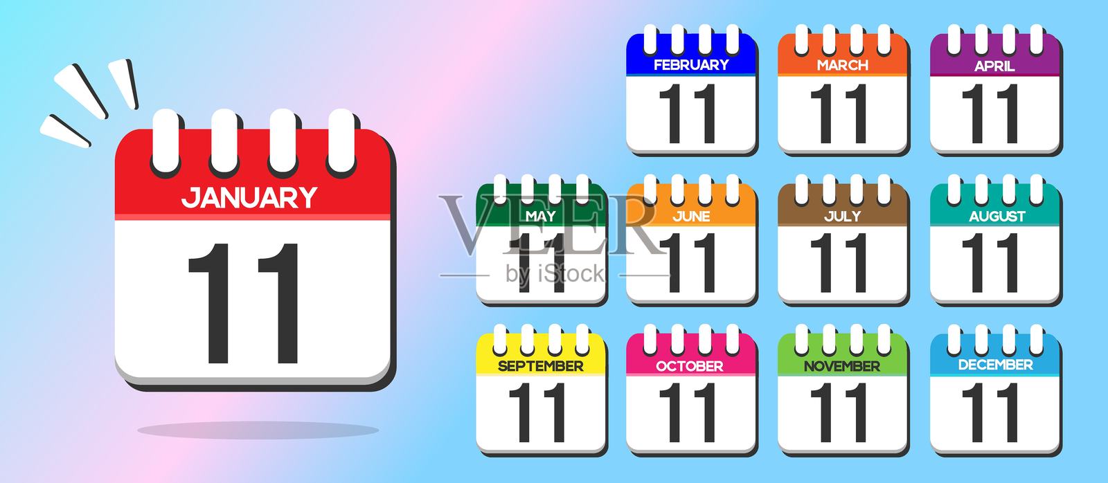 第11天。每个月1号的日历，矢量图和不同颜色插画图片素材