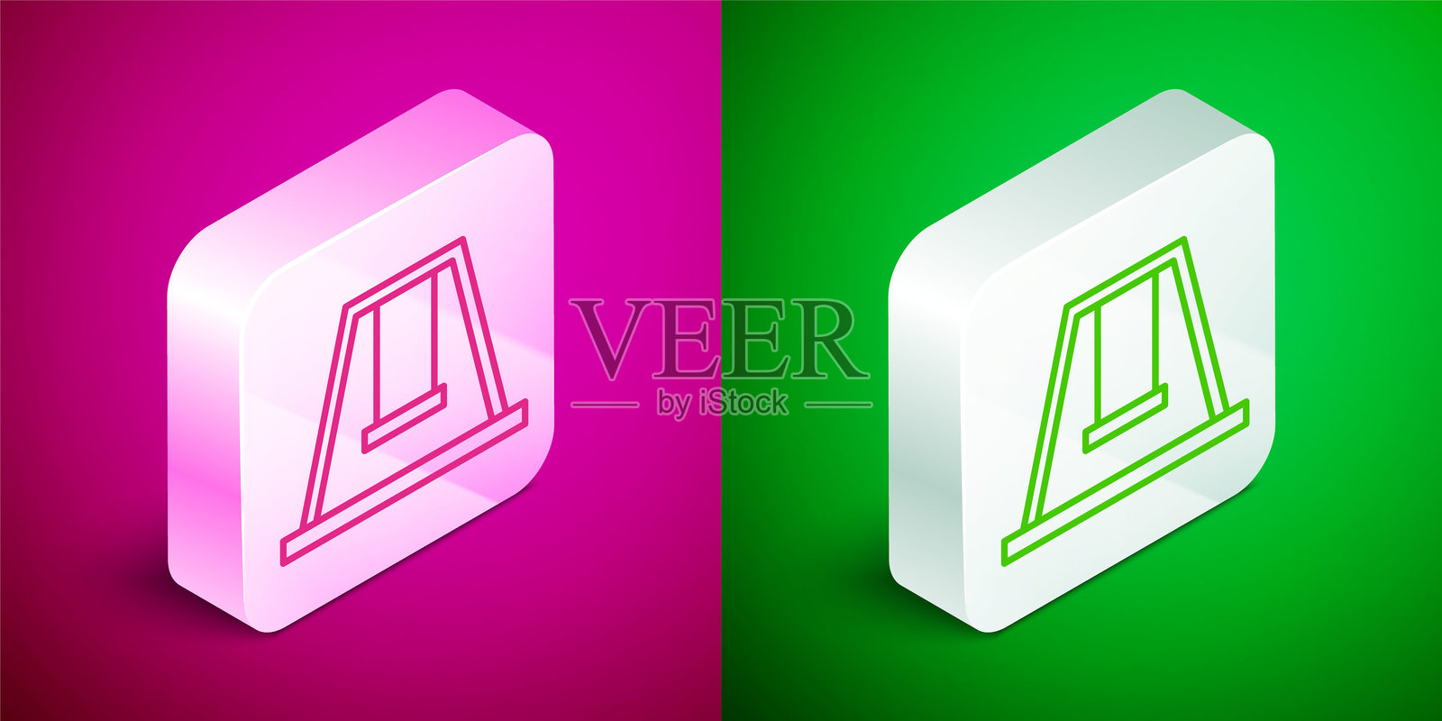 儿童夏季游戏的等距秋千图标，背景为粉色和绿色。户外娱乐设备。银色方形按钮。矢量图。插画图片素材