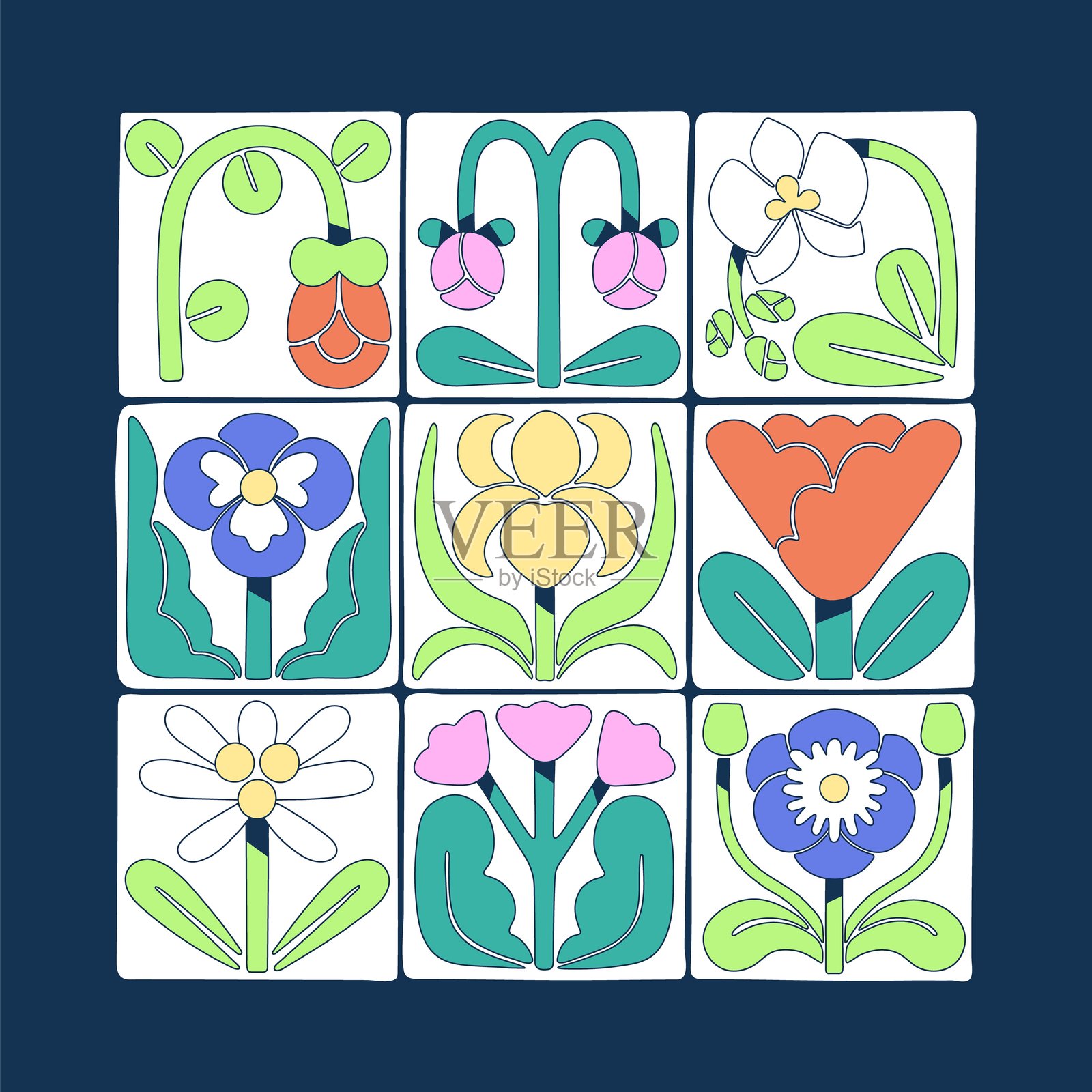 带有奇幻花卉拼贴的卡片。抽象线条艺术野花，几何盛开的植物。现代风格的轮廓植物构图。时尚的花卉装饰。平面矢量插图。插画图片素材