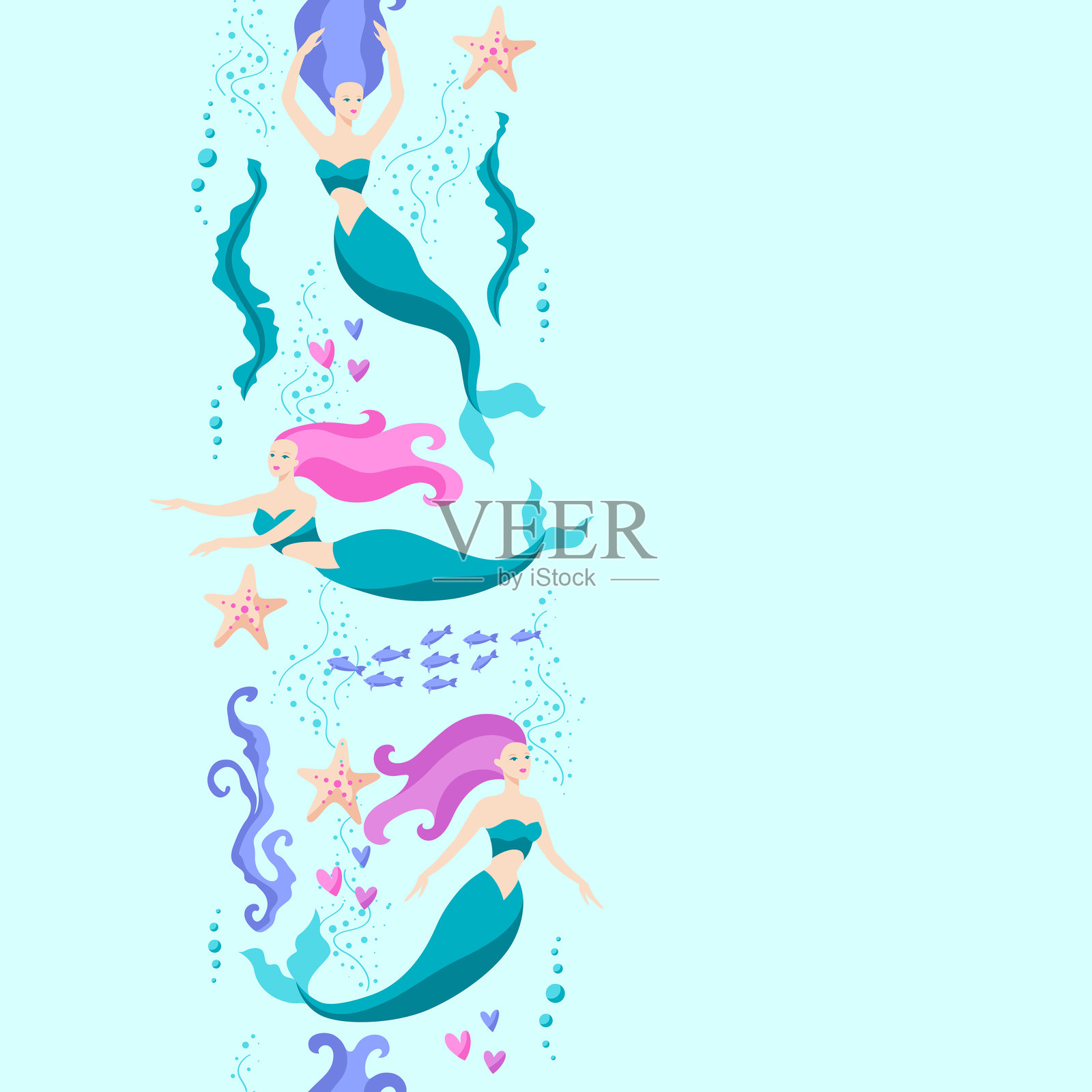 无缝的美人鱼图案。水下奇观或奇妙创作的图像。插画图片素材