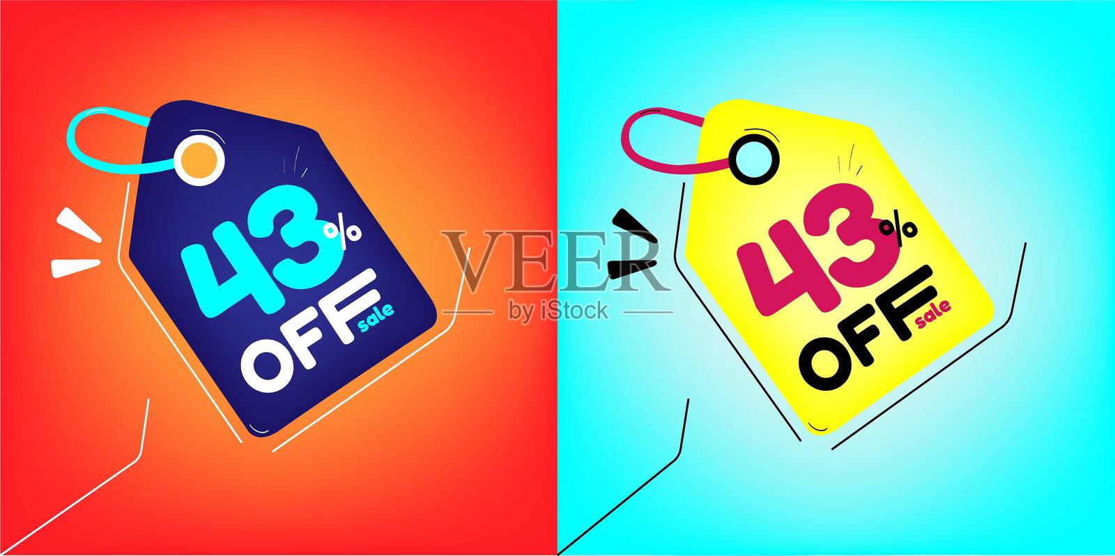 促销折扣标签，销售优惠43%。背景中同款不同颜色的商品分成两半。插画图片素材