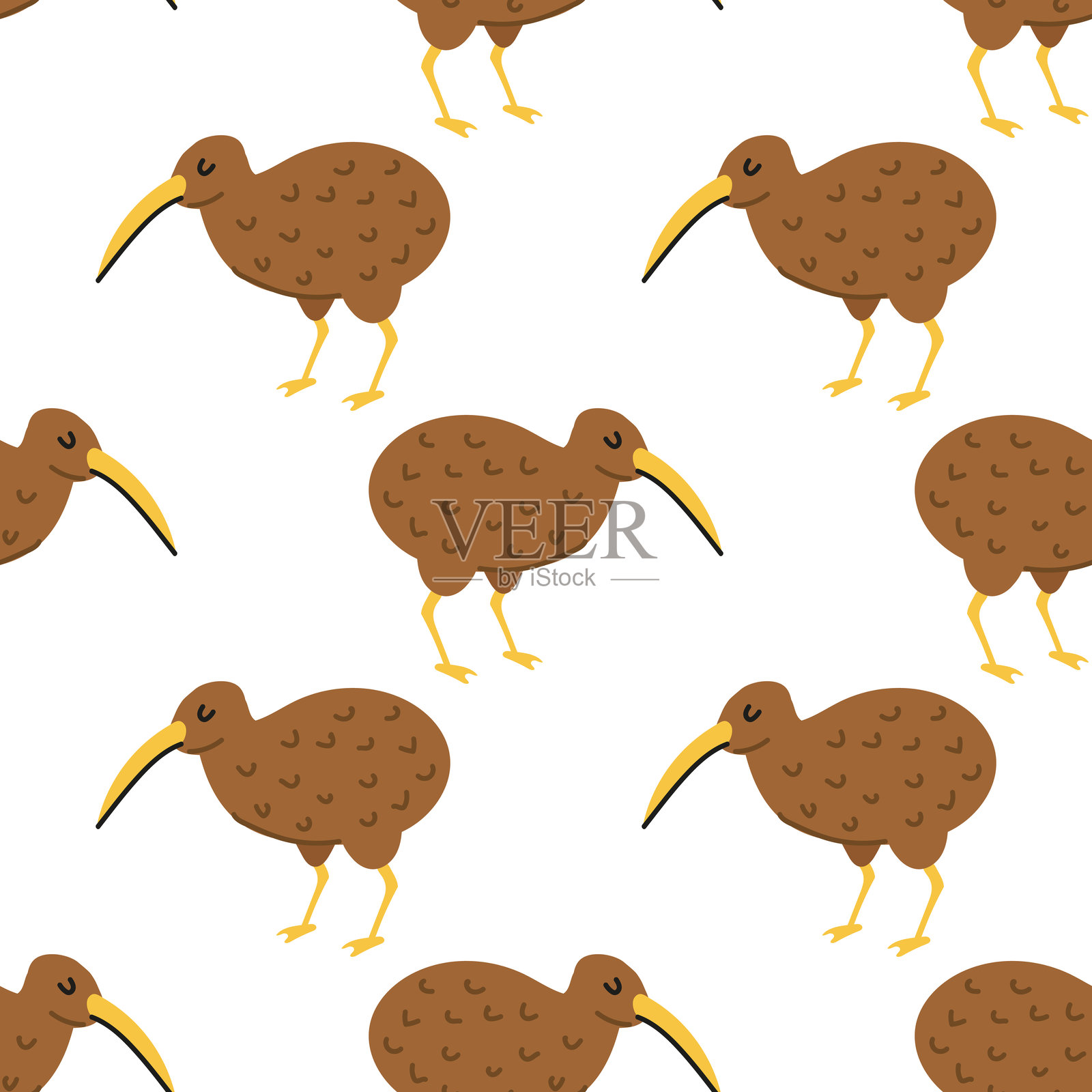 可爱的无缝图案，带有奇异鸟。这是一款有趣的印花，展现了新西兰的毛茸茸鸟类。插画图片素材