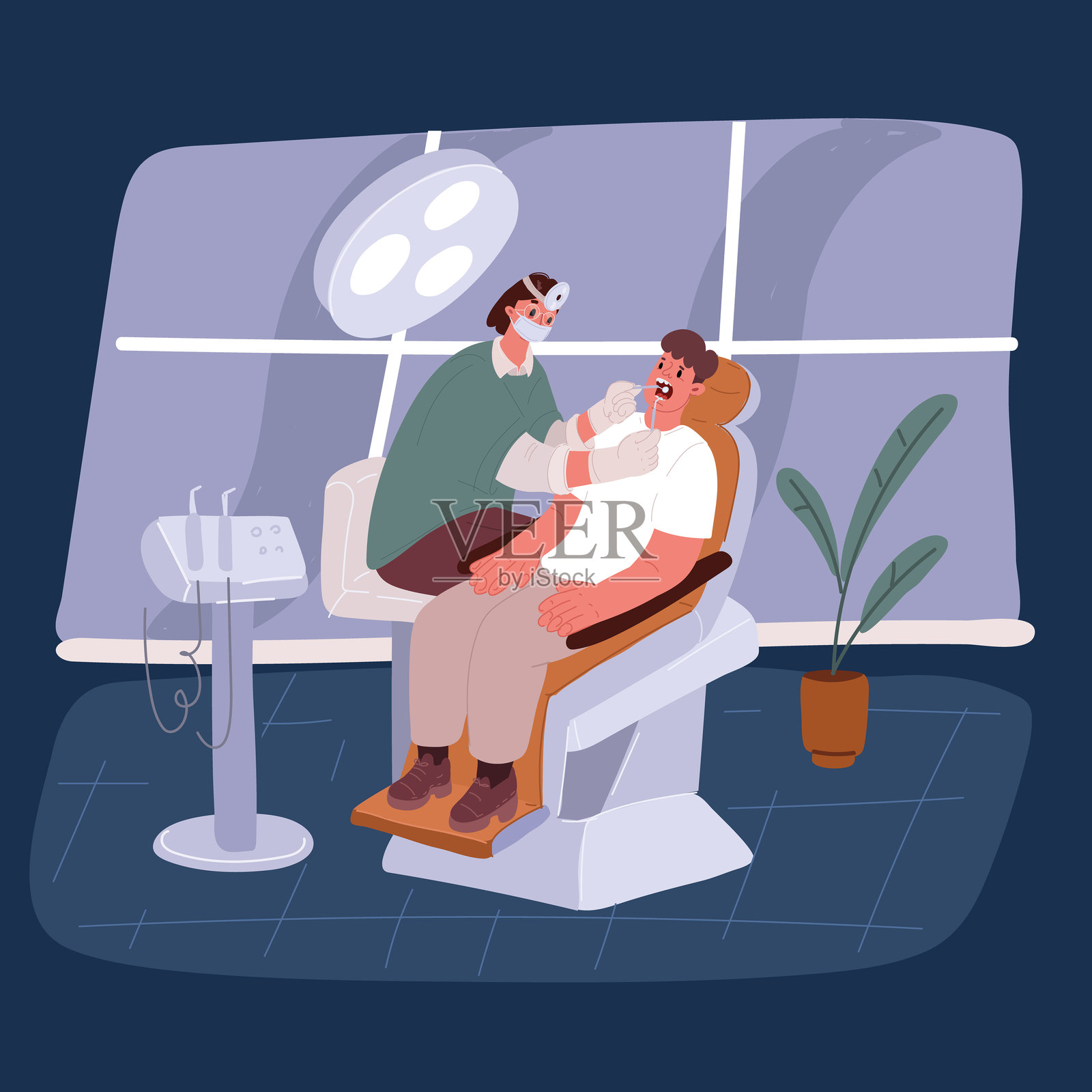 卡通矢量插图，男人在牙科诊所就诊时接受牙医检查牙齿。插画图片素材