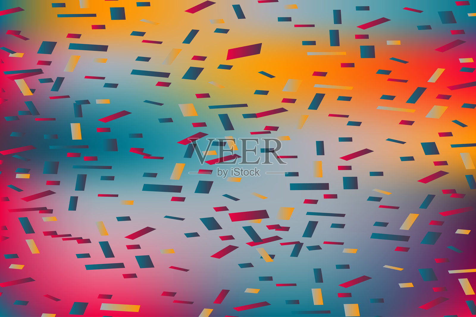 模糊渐变抽象背景上的飘落彩纸屑，复古霓虹矢量插图。适用于贺卡、横幅、海报、活动庆祝、传单和派对邀请的全息时尚图形设计。插画图片素材