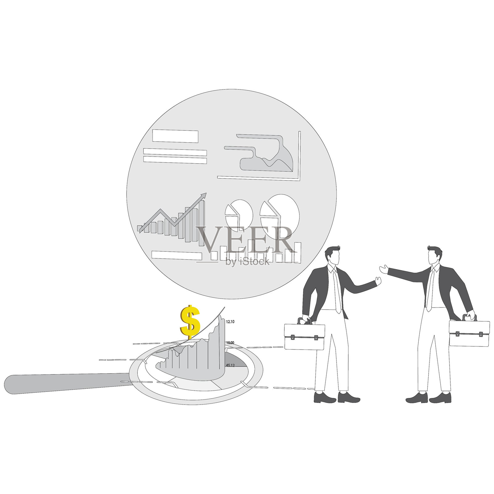 商人在放大镜前站立，分析变化趋势的箭头，进行市场和营销分析、商业投资预测与分析，以及业务优化或改进。插画图片素材