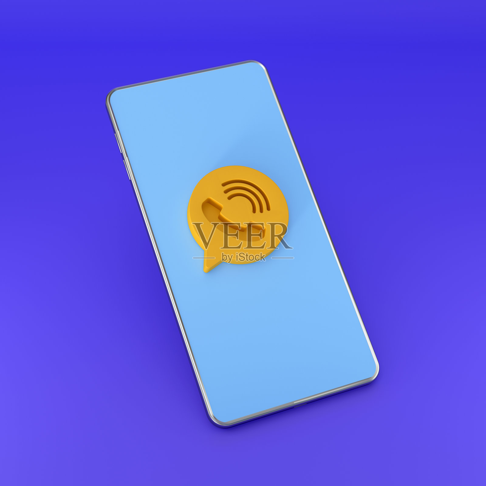 智能手机与消息气泡图标在鲜艳的蓝色背景上照片摄影图片