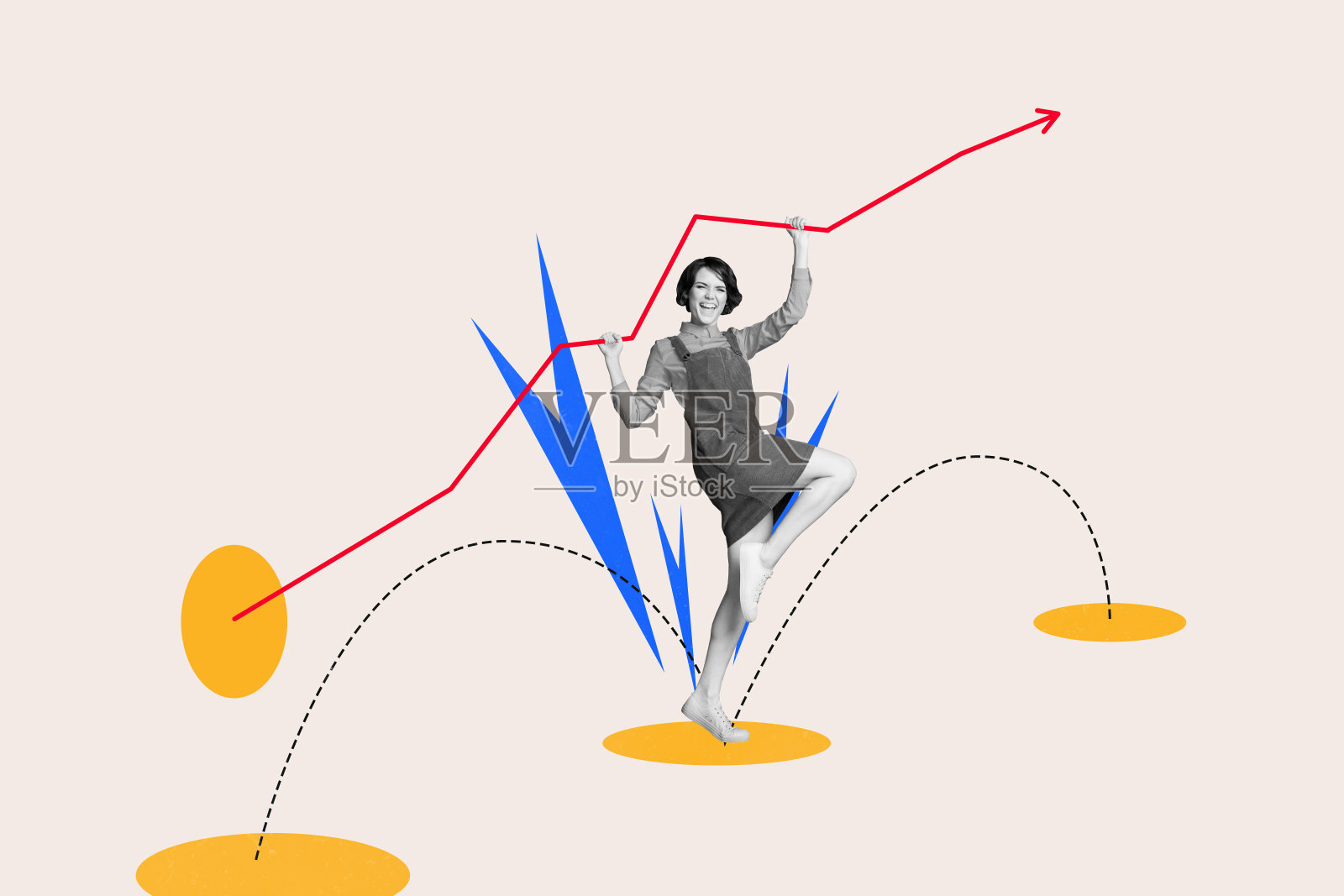 创意抽象模板拼贴，包含搞笑女性、赢得数据、股票、金钱信息、企业家、怪异、不同寻常、幻想广告牌照片摄影图片