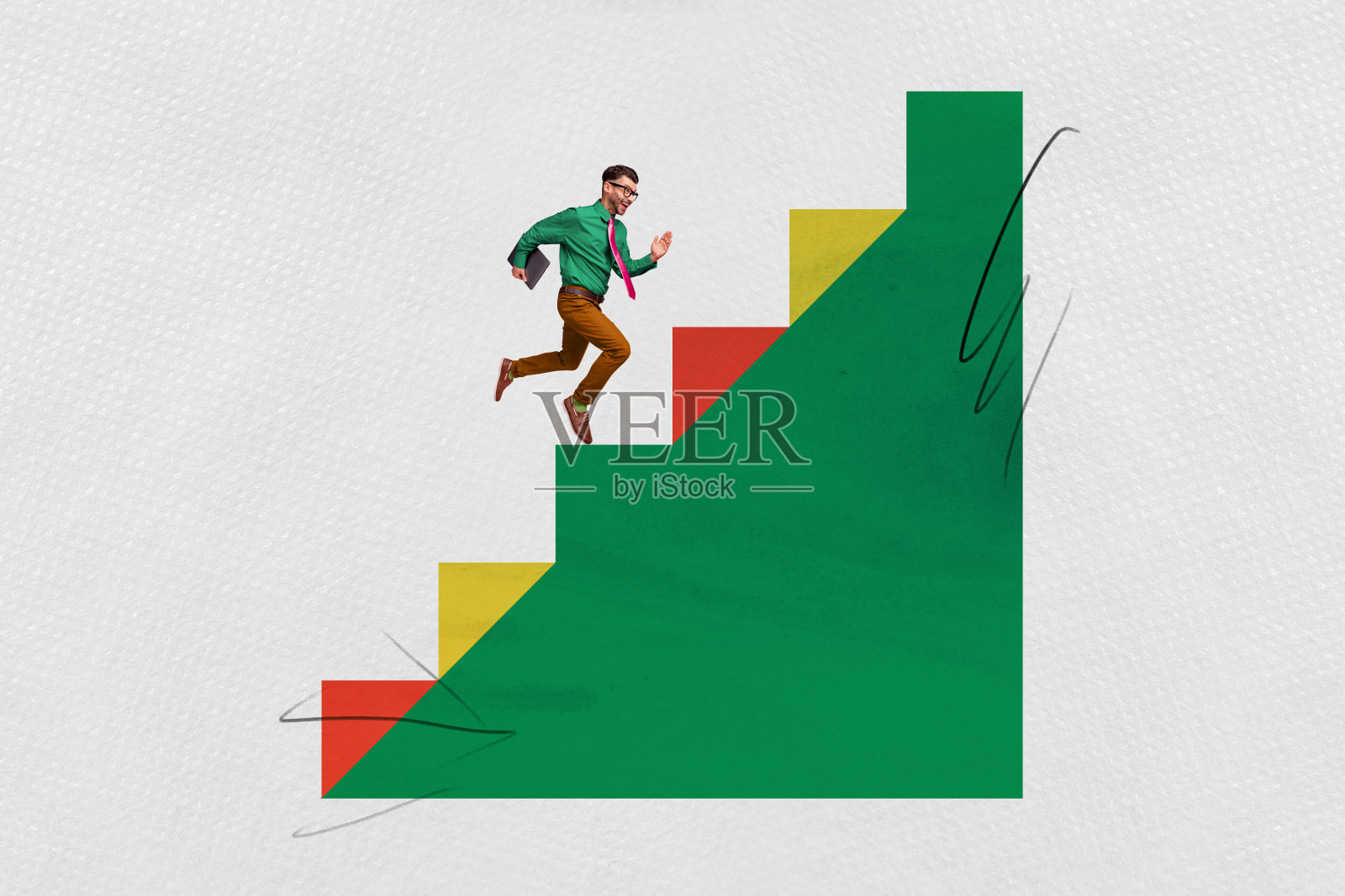 创意趋势拼贴：年轻小伙子在楼梯上奔跑，攀登事业巅峰，奇异而不寻常的幻想广告漫画照片摄影图片