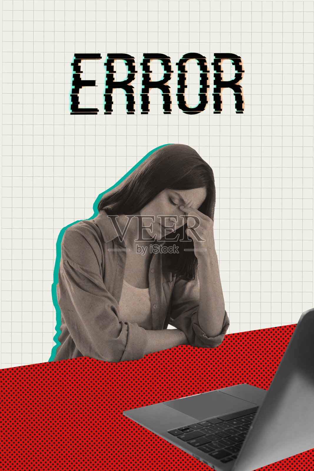 垂直拼贴创意插图，疲惫压力的年轻女士，工作失败，自由职业危机，退步错误，超现实主义，红色背景照片摄影图片