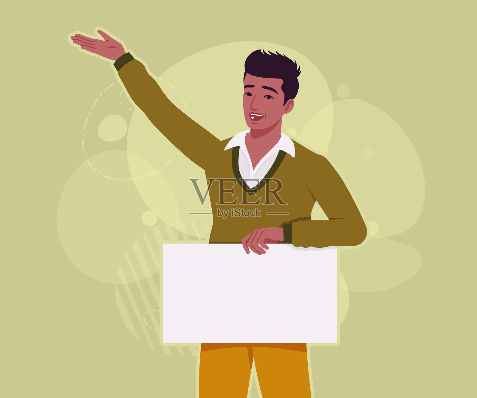 帅气的深肤色商人摆出空白横幅的姿势进行广告展示插画图片素材