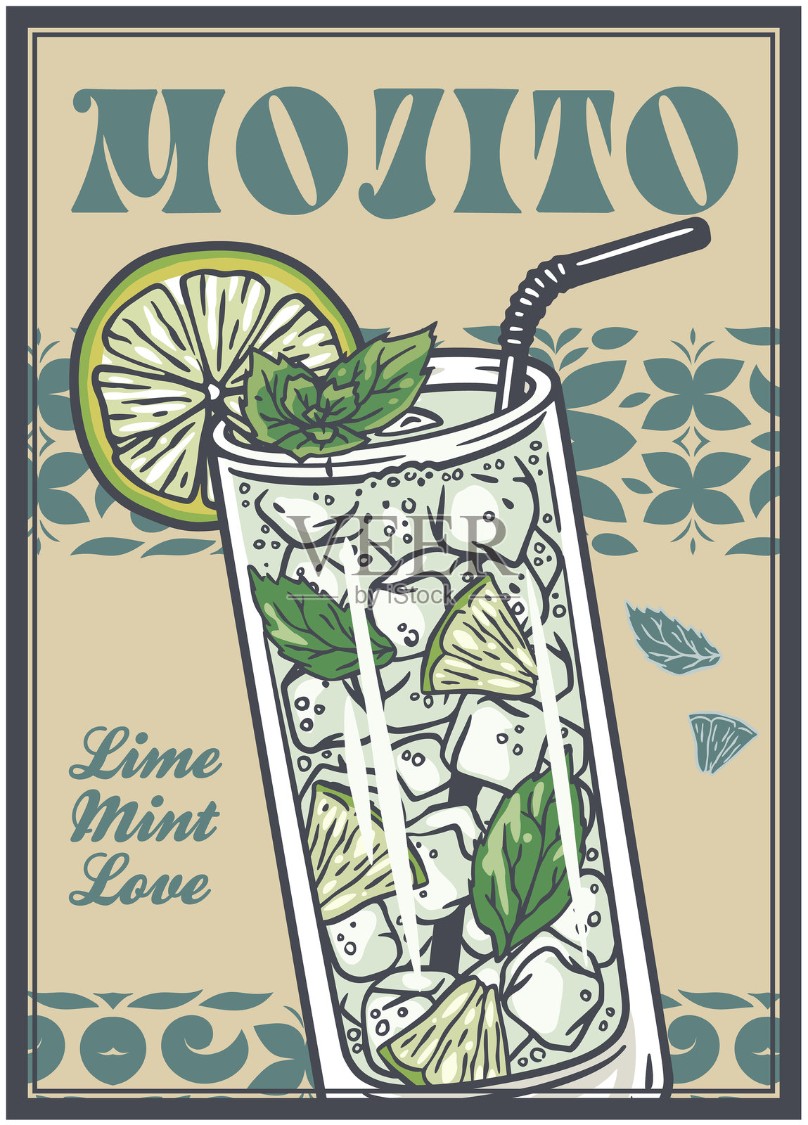 清爽的莫吉托鸡尾酒，配有冰块、青柠片和薄荷叶，静置在色彩缤纷的装饰表面上，突显夏季饮品设计。插画图片素材