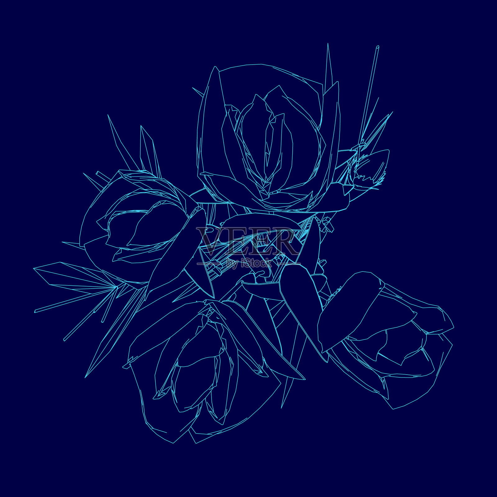 盛开的玫瑰花轮廓。孤立的花园玫瑰图标，包含花瓣、花蕾、茎和叶，适用于浪漫的花卉装饰、婚礼花束和情人节贺卡。插画图片素材