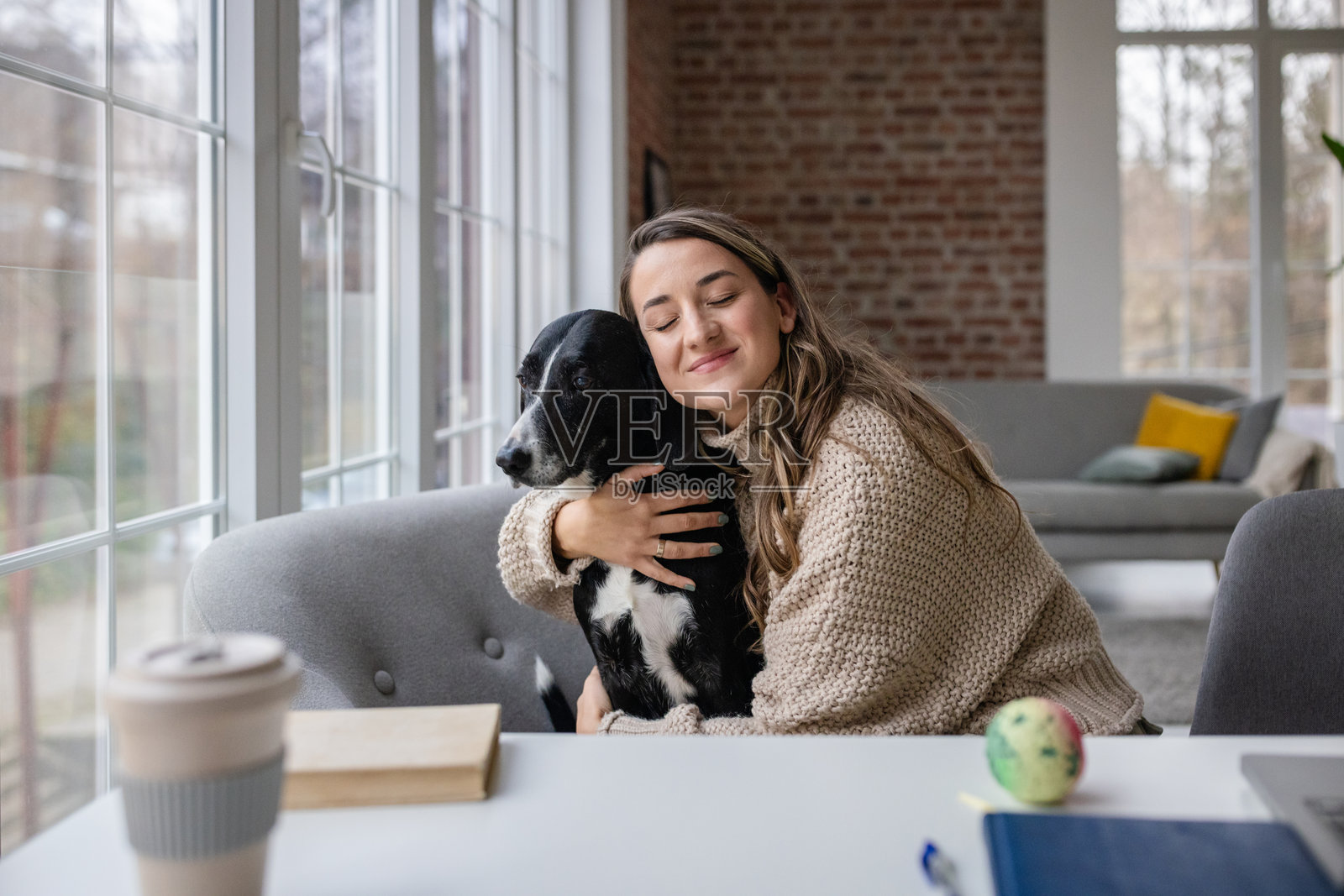 女人在现代房间里温柔地拥抱她的狗。照片摄影图片